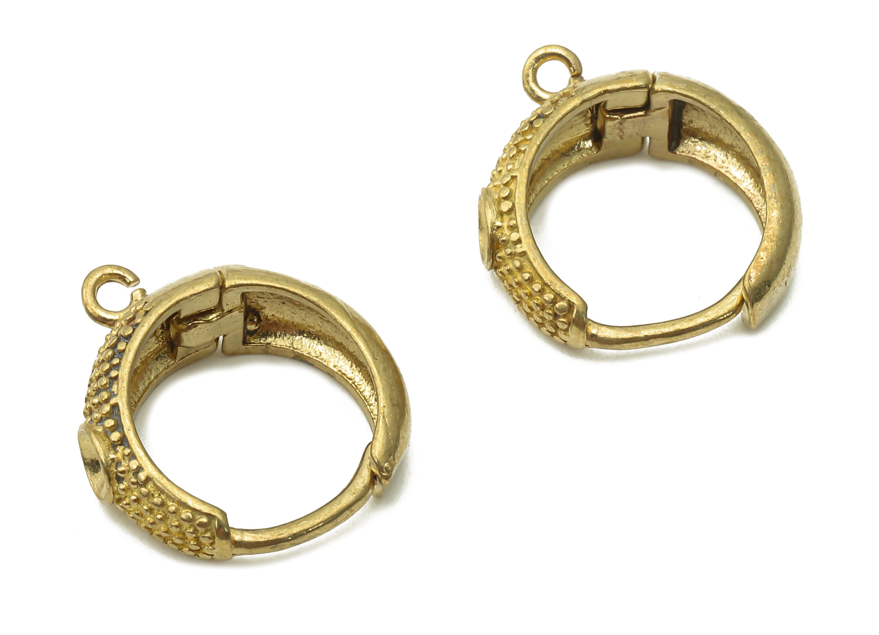 Brass Circle Earrings Clasps - Raw Brass Round Huggie Earring With Loop - Brass Round Thick Loop Dotted Clasps - 16.23x10.04x1.94mm - PP7694 - DOMEDBAZAAR