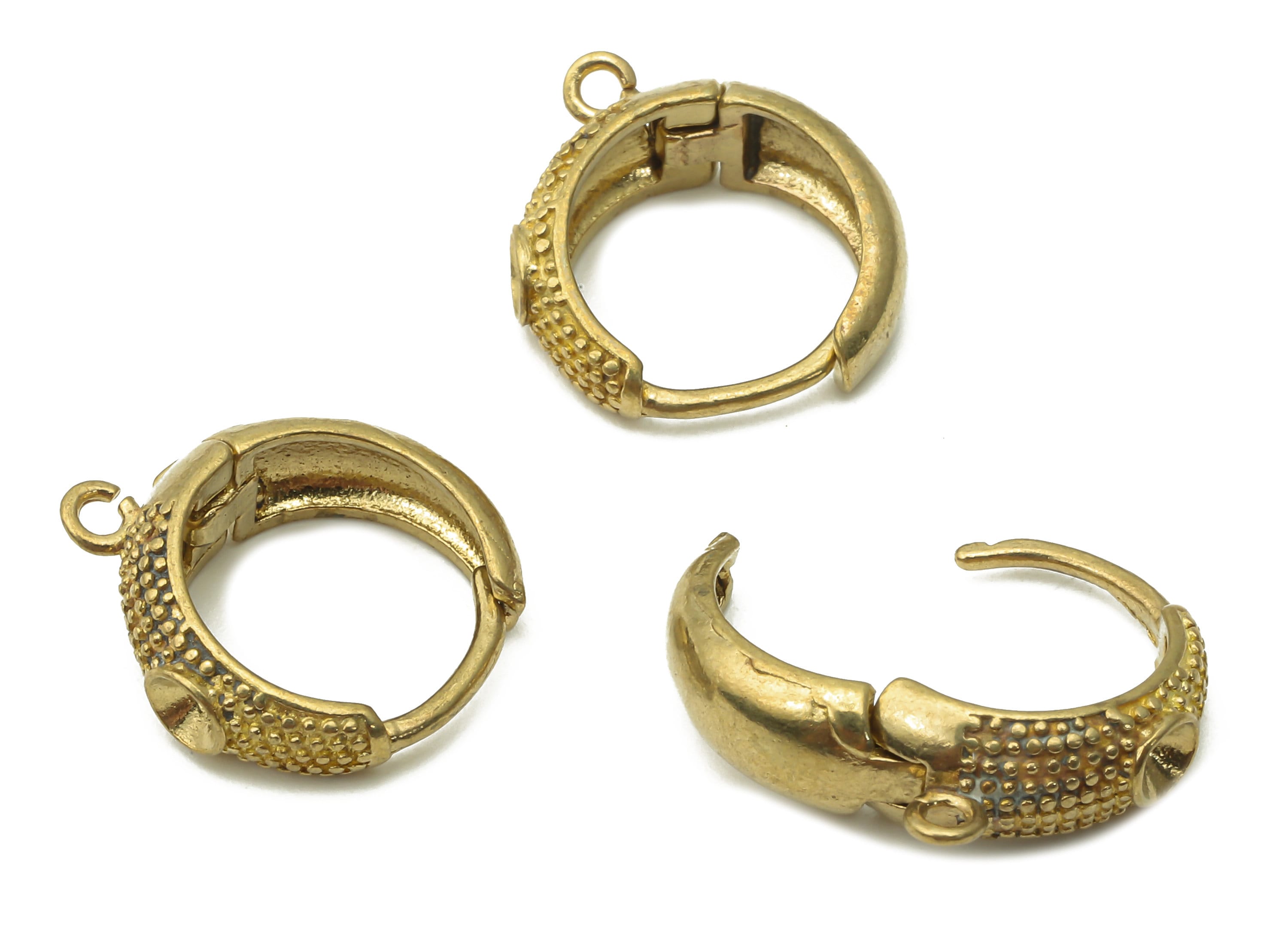 Brass Circle Earrings Clasps - Raw Brass Round Huggie Earring With Loop - Brass Round Thick Loop Dotted Clasps - 16.23x10.04x1.94mm - PP7694 - DOMEDBAZAAR