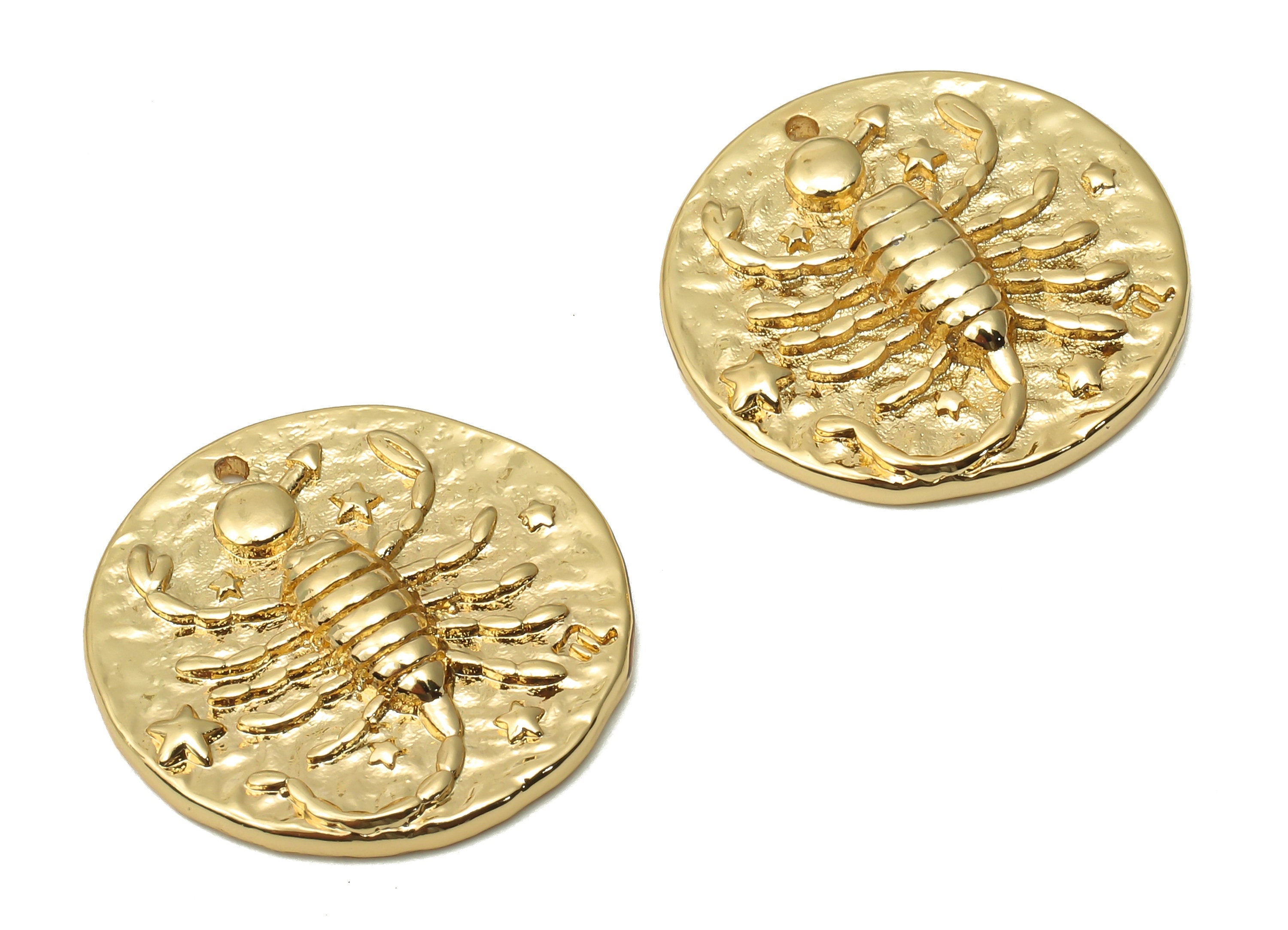 Scorpio Round Earring Charm - Brass Zodiac Pendant - Brass Horoscopes Scorpio Necklace- 18K Real Gold Plated - 19.4x19.4x2.76mm - RGP4783C - DOMEDBAZAAR