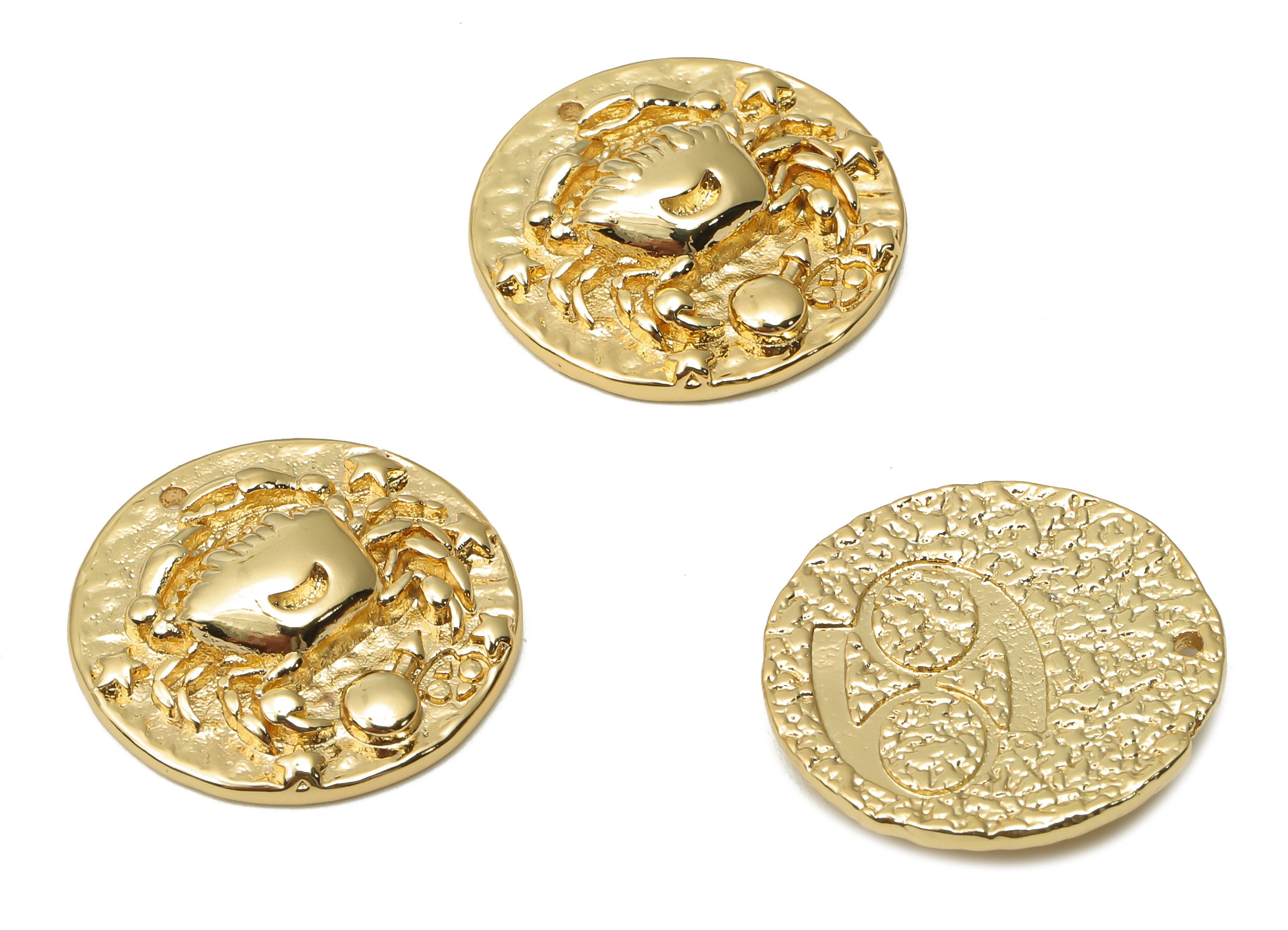 Cancer Round Earring Charm - Brass Zodiac Necklace - Brass Horoscopes Cancer Pendant - 18K Real Gold Plated - 19.4x19.4x4.4mm - RGP4783D - DOMEDBAZAAR