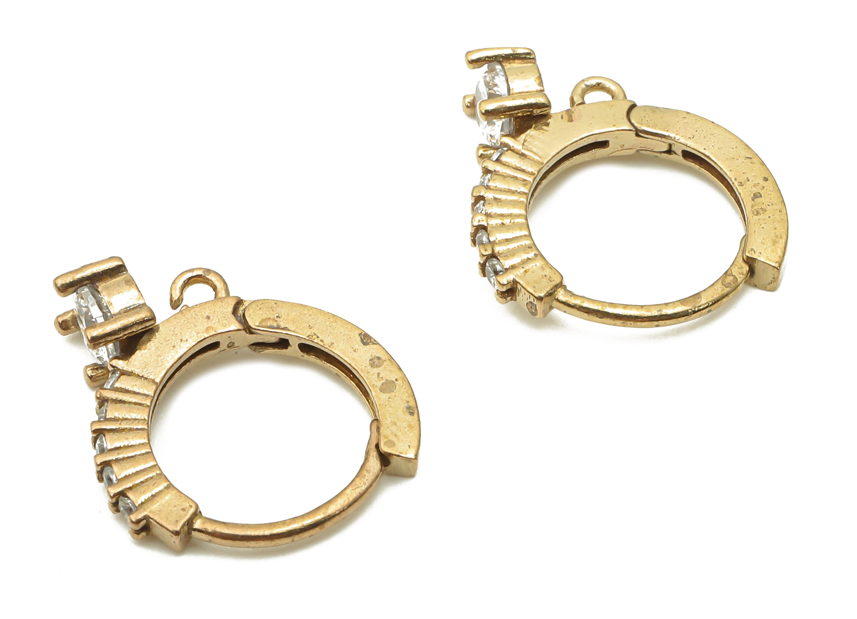 Brass Round Solitaire Huggie Earring Clasps - Raw Brass Circle Textured Earring With Zircon - Brass Clasps With Loop - 14.9x13x1.6mm -PP7712 - DOMEDBAZAAR