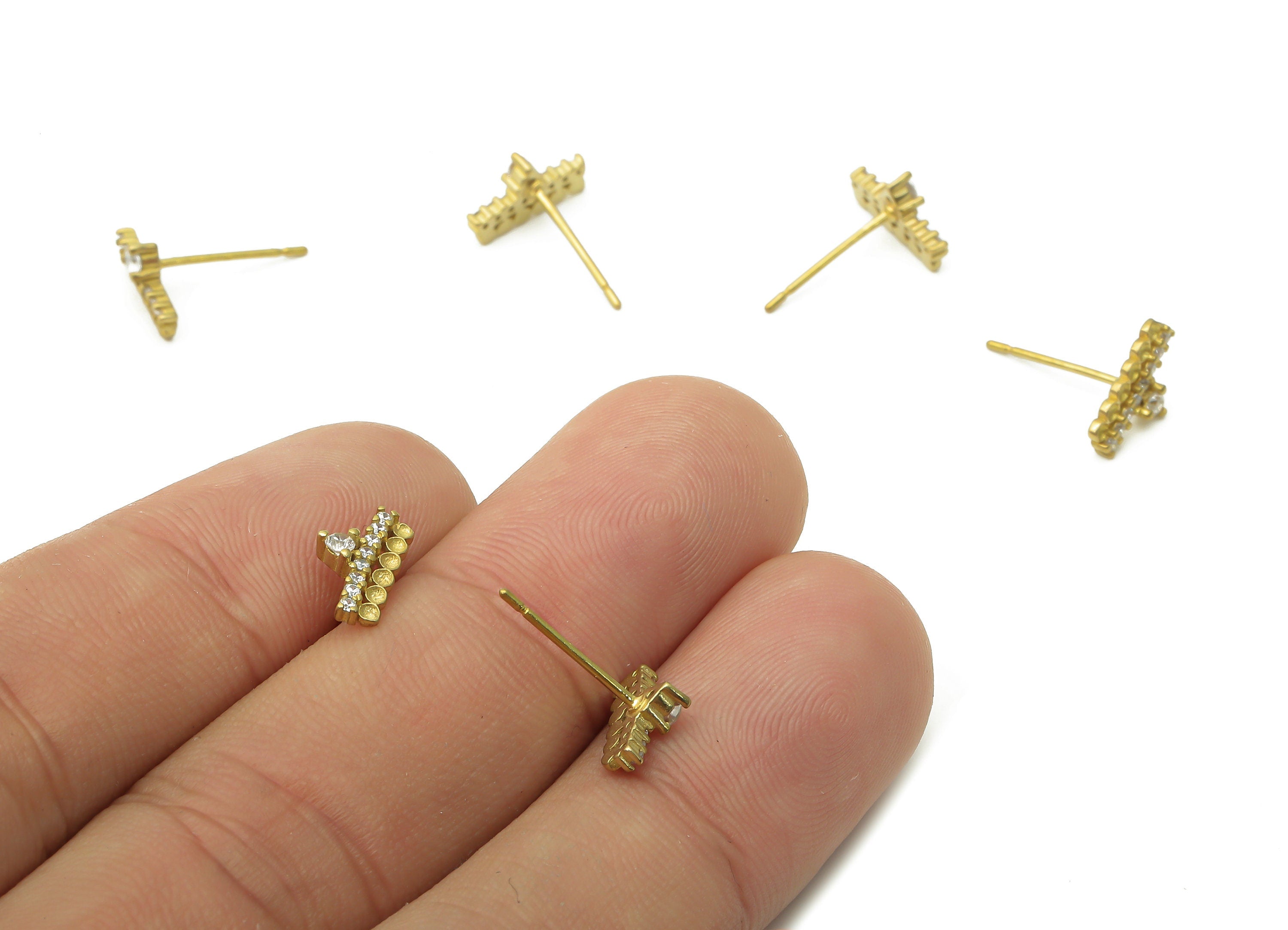 Brass Earring Stud - Raw Brass Earring Stud With Zircon - Brass Earring Post - Earring Studs - Earring Post - 10.38x5.87x1.46mm- PP7720 - DOMEDBAZAAR