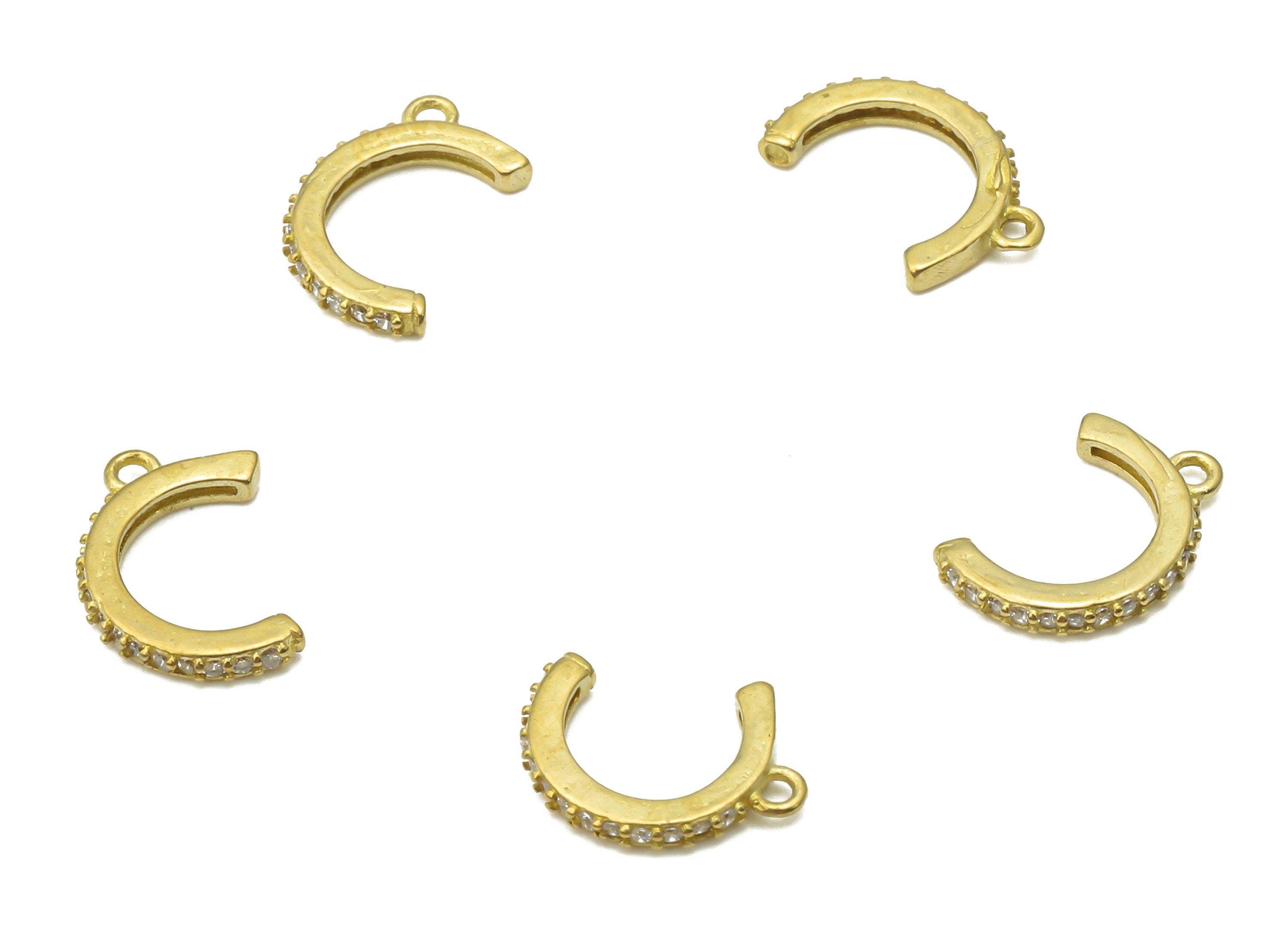 Brass Open Hoop Earring Charms - Raw Brass Open Hoop Earring with Zircon - Brass C Mini Moon Pendant with Zircon -10.13x6.37x1.34mm - PP7721 - DOMEDBAZAAR