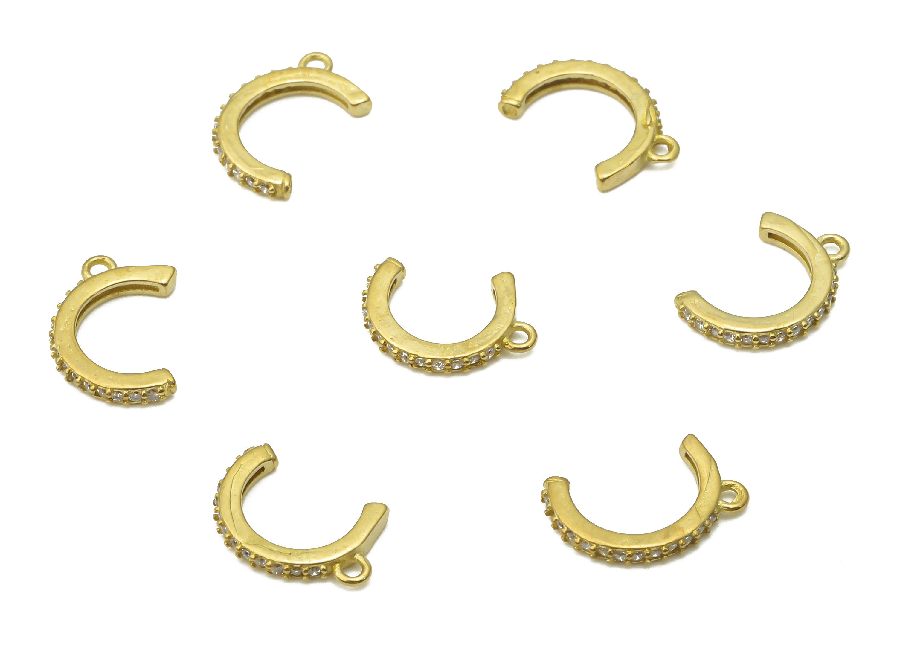 Brass Open Hoop Earring Charms - Raw Brass Open Hoop Earring with Zircon - Brass C Mini Moon Pendant with Zircon -10.13x6.37x1.34mm - PP7721 - DOMEDBAZAAR