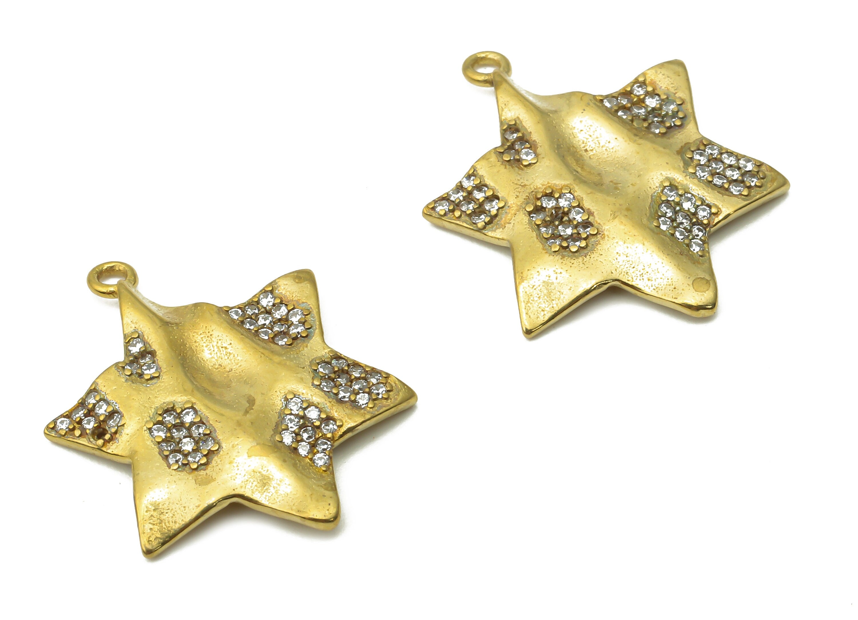Brass Star Earring Charm - Raw Brass Star Of David Wavy Earring With Zircon - Magen David Pendant - Star Necklace - 21.7x17.1x1.7mm - PP7731 - DOMEDBAZAAR