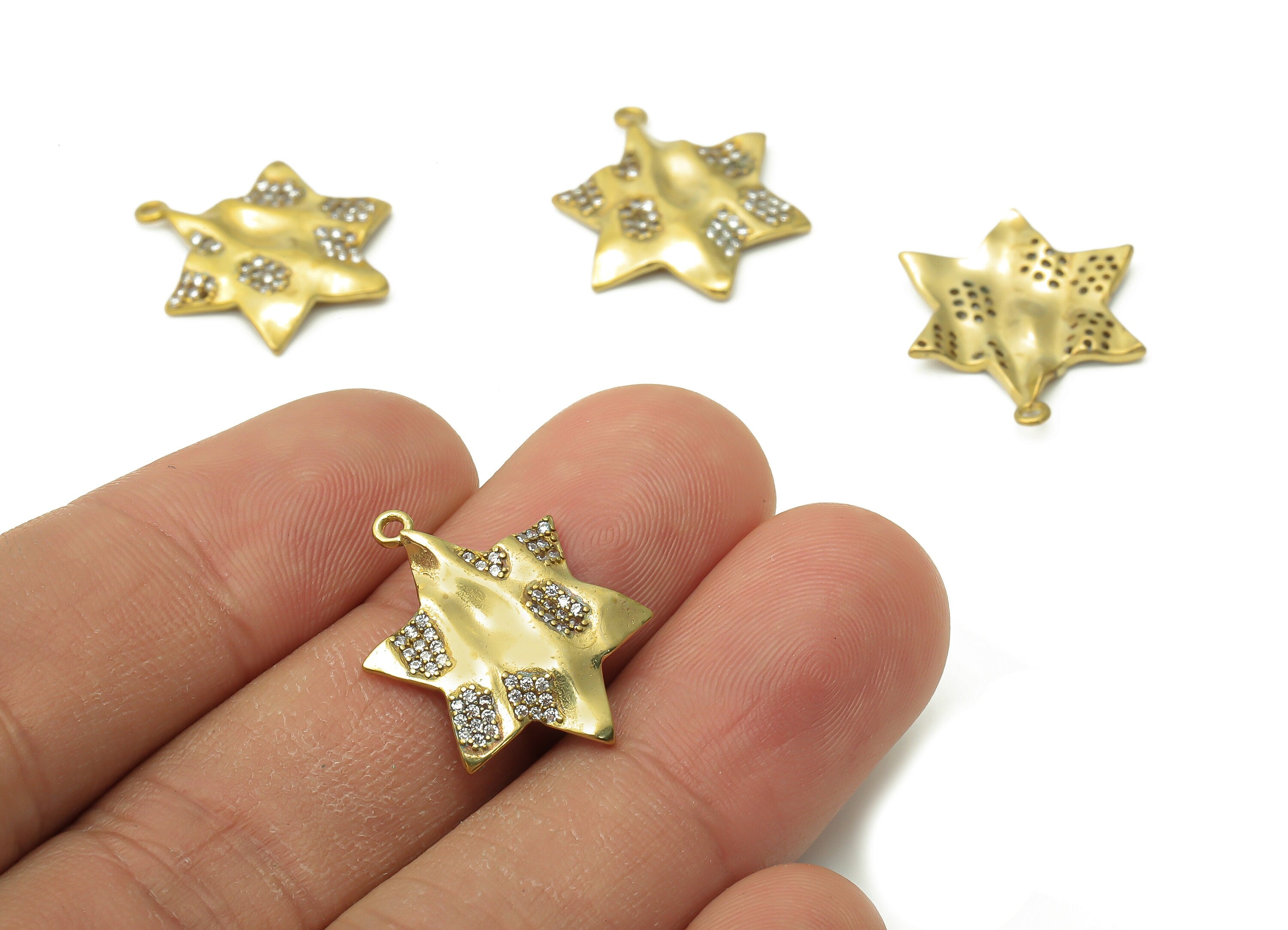 Brass Star Earring Charm - Raw Brass Star Of David Wavy Earring With Zircon - Magen David Pendant - Star Necklace - 21.7x17.1x1.7mm - PP7731 - DOMEDBAZAAR