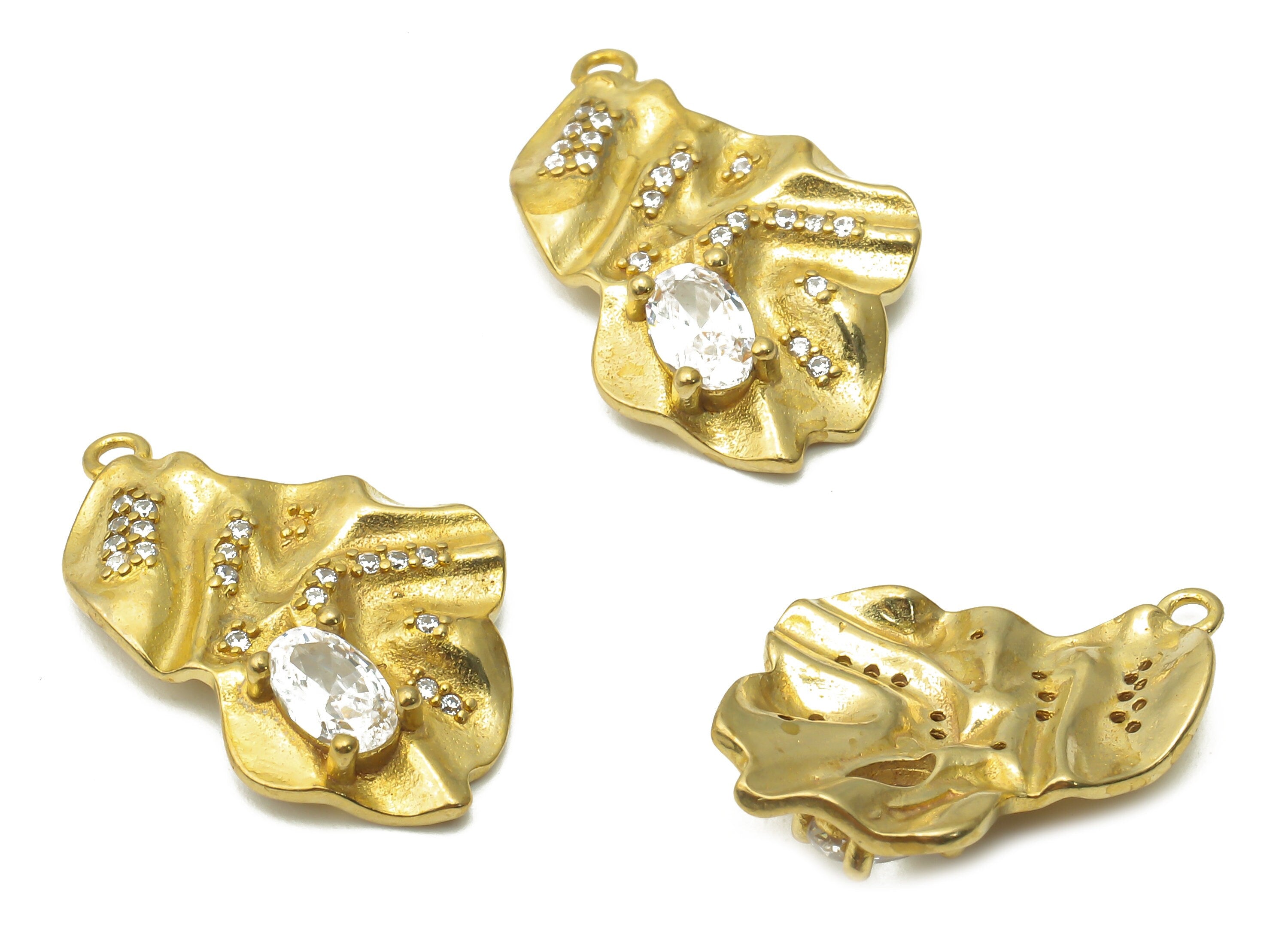 Brass Irregular Earring Charms - Raw Brass Wave Irregular Earring With Zircon - Brass Bean Wavy Pendant - Necklace - 23.2x14.9x1.9mm -PP7732 - DOMEDBAZAAR