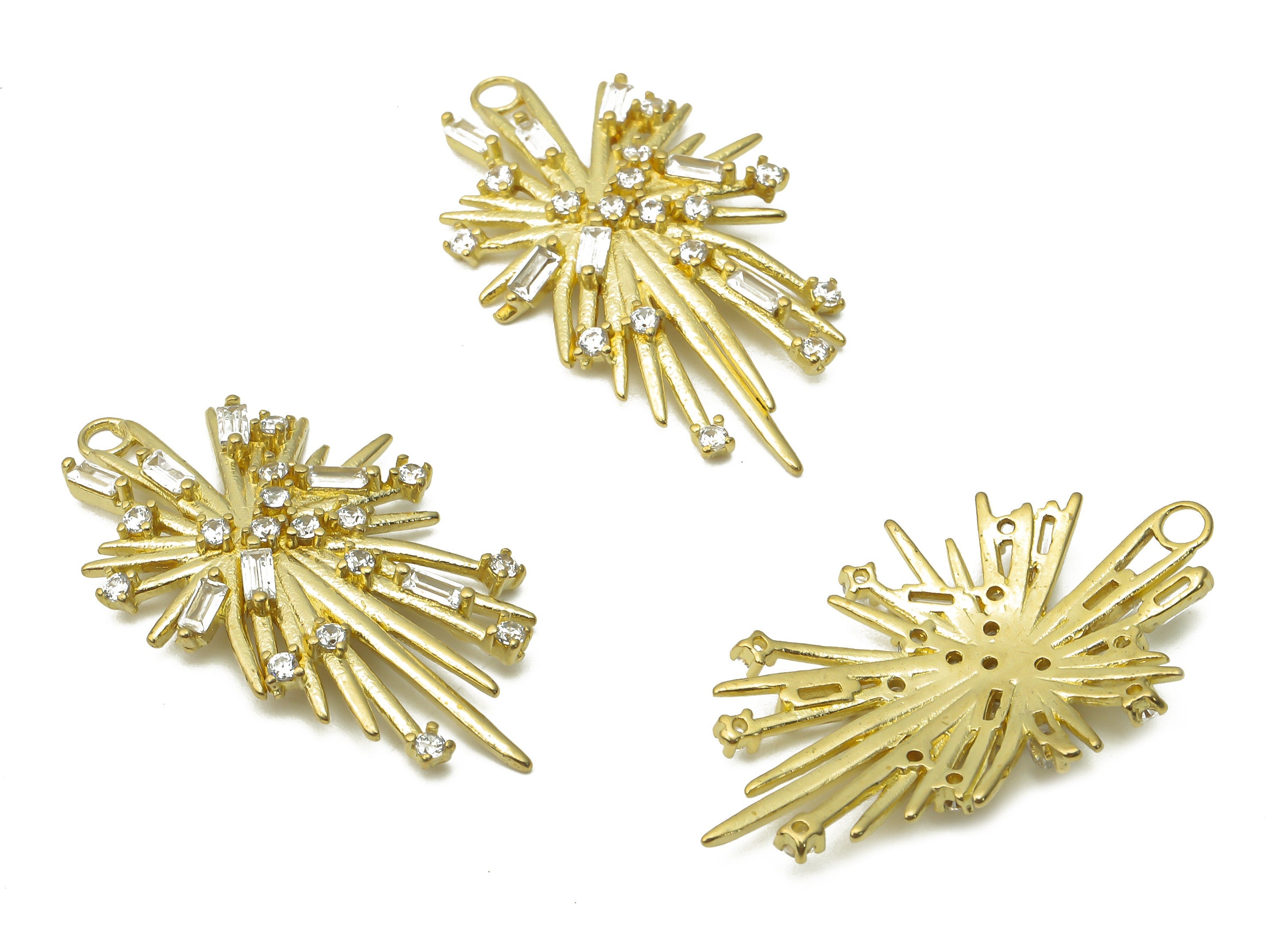 Brass Earrings Charms - Raw Brass Spikes Sun Burst Earring With Zircon - Brass Sun Burst Pendant - 30.67x17.55x2.18mm - PP7741 - DOMEDBAZAAR