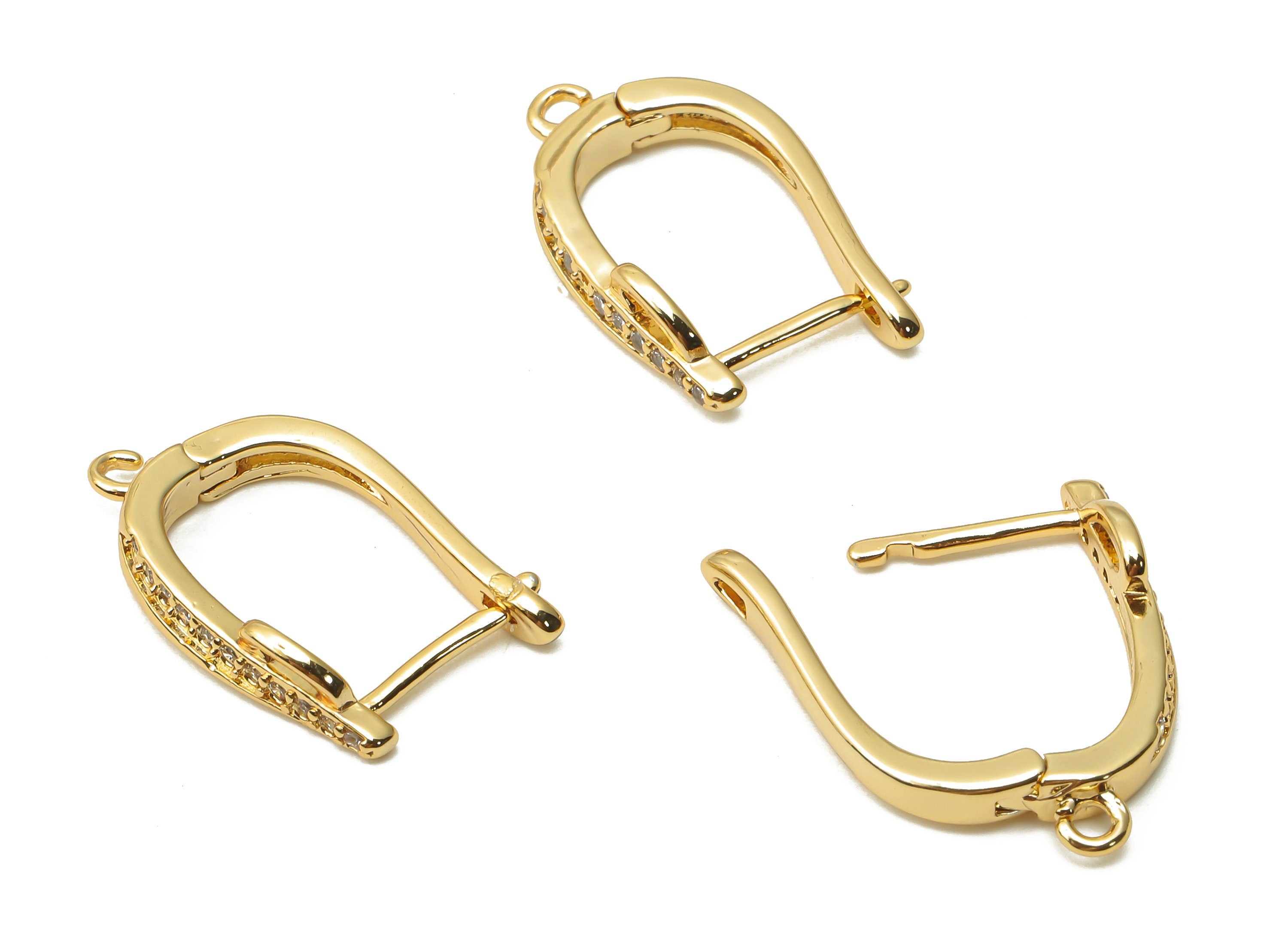Brass Clasps Earrings With Zircon - Gold Plated Brass Hoop Earring With Loop - 18K Real Gold Plated Brass - 17.78x11.9x1.94mm - RGP4806 - DOMEDBAZAAR