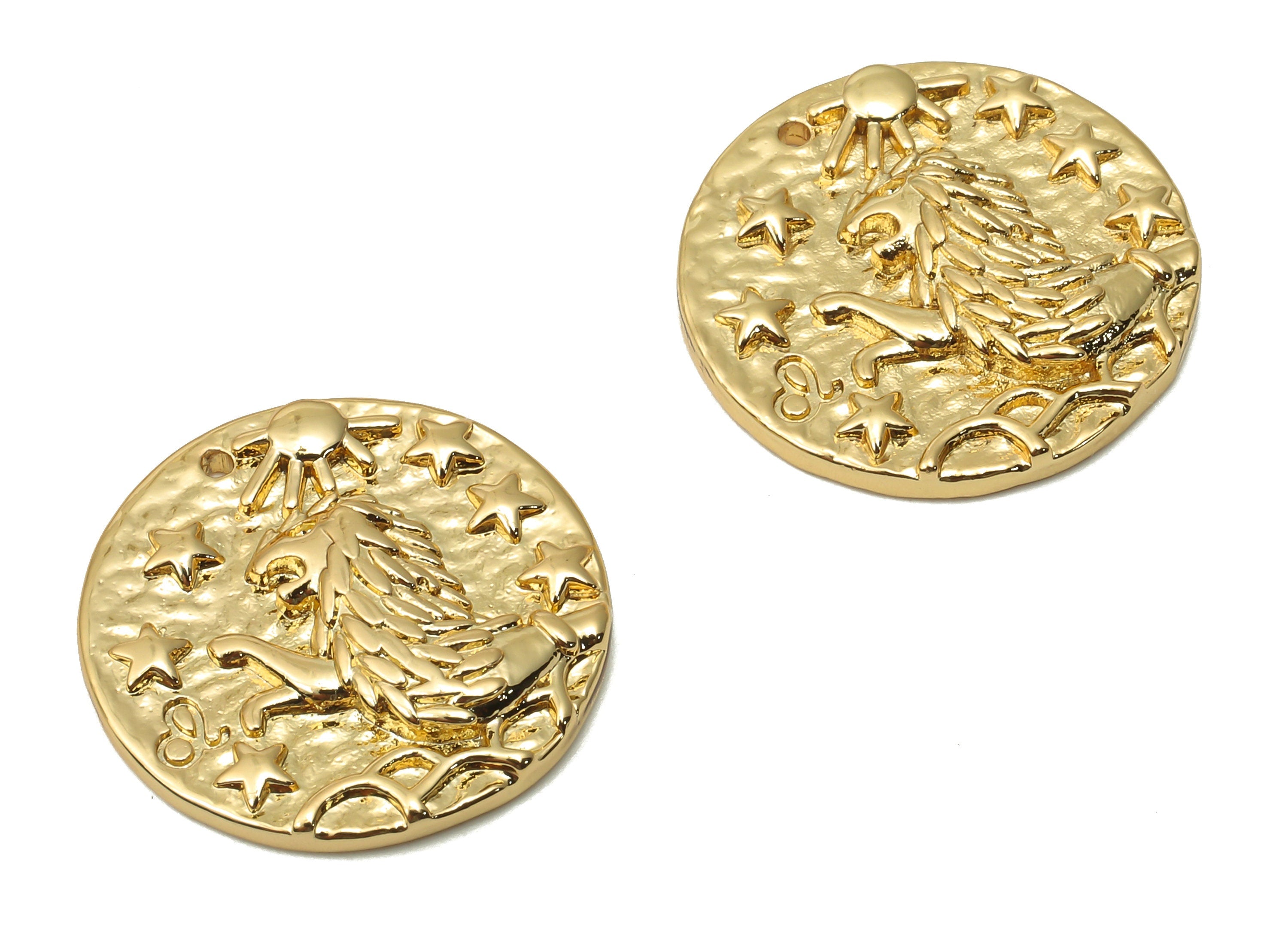 Leo Round Charm - Brass Round Horoscopes Pendant - Lion Pendant - Zodiac Necklace - 18K Real Gold Plated - 19.4x19.4x3mm - RGP4783G - DOMEDBAZAAR