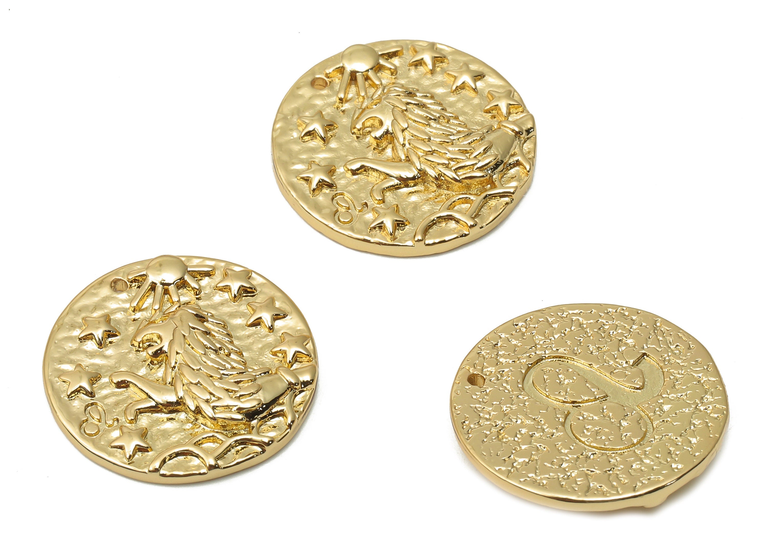 Leo Round Charm - Brass Round Horoscopes Pendant - Lion Pendant - Zodiac Necklace - 18K Real Gold Plated - 19.4x19.4x3mm - RGP4783G - DOMEDBAZAAR