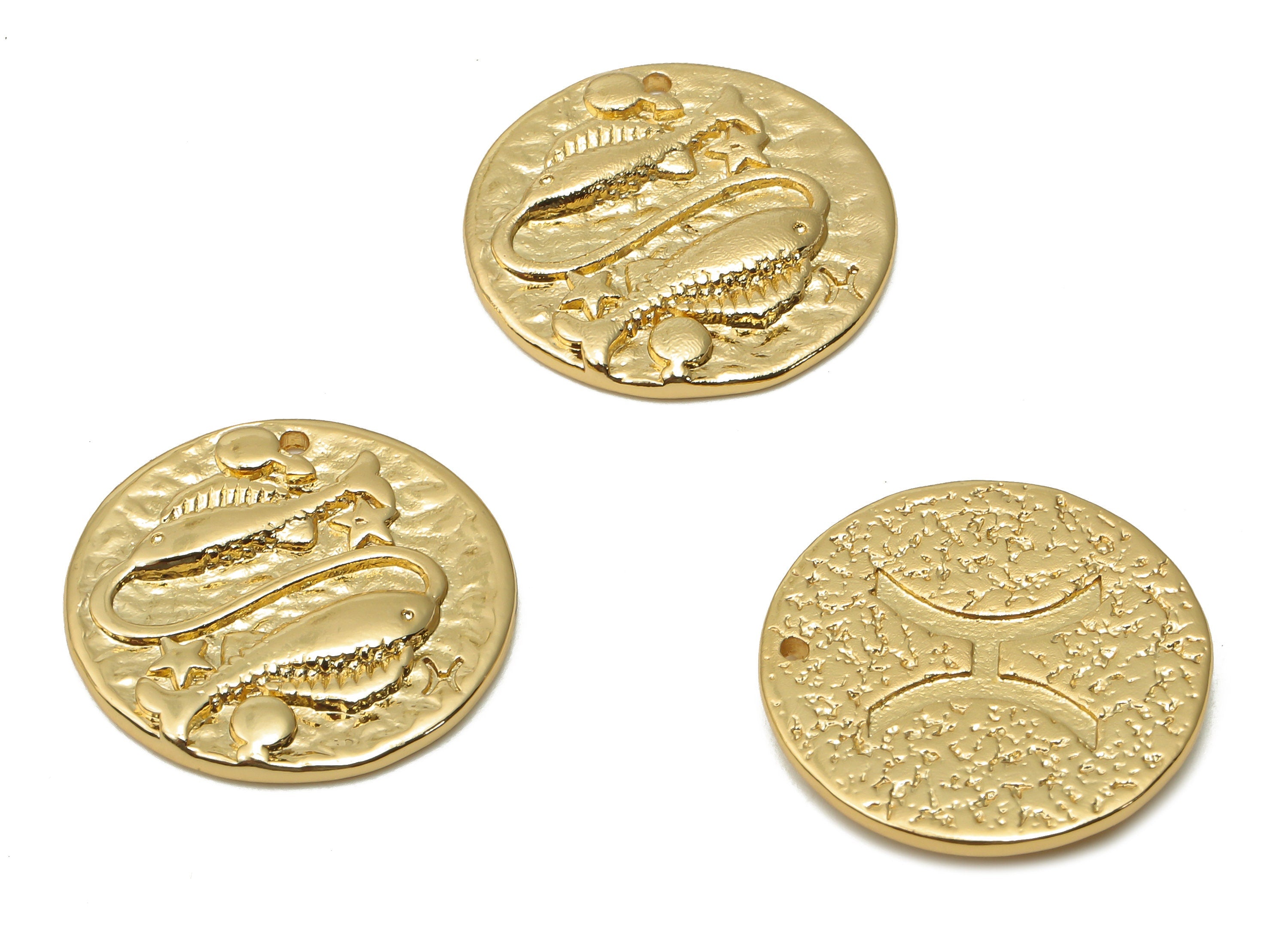 Pisces Round Charm - Brass Horoscope Charms - Round Fish Pendant - Brass Zodiac Necklace - 18K Real Gold Plated - 19.4x19.4x3.5mm - RGP4783H - DOMEDBAZAAR