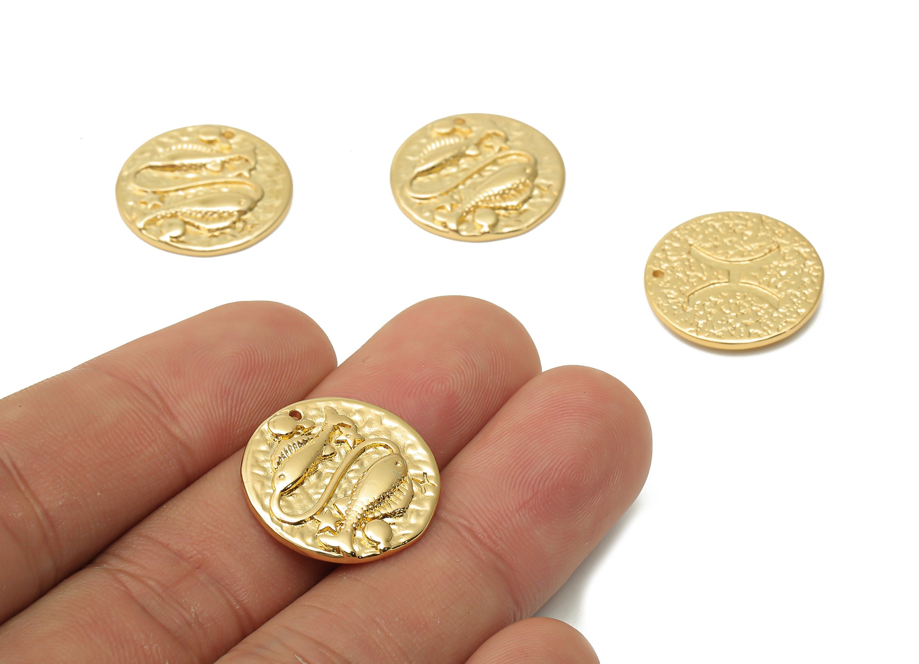 Pisces Round Charm - Brass Horoscope Charms - Round Fish Pendant - Brass Zodiac Necklace - 18K Real Gold Plated - 19.4x19.4x3.5mm - RGP4783H - DOMEDBAZAAR