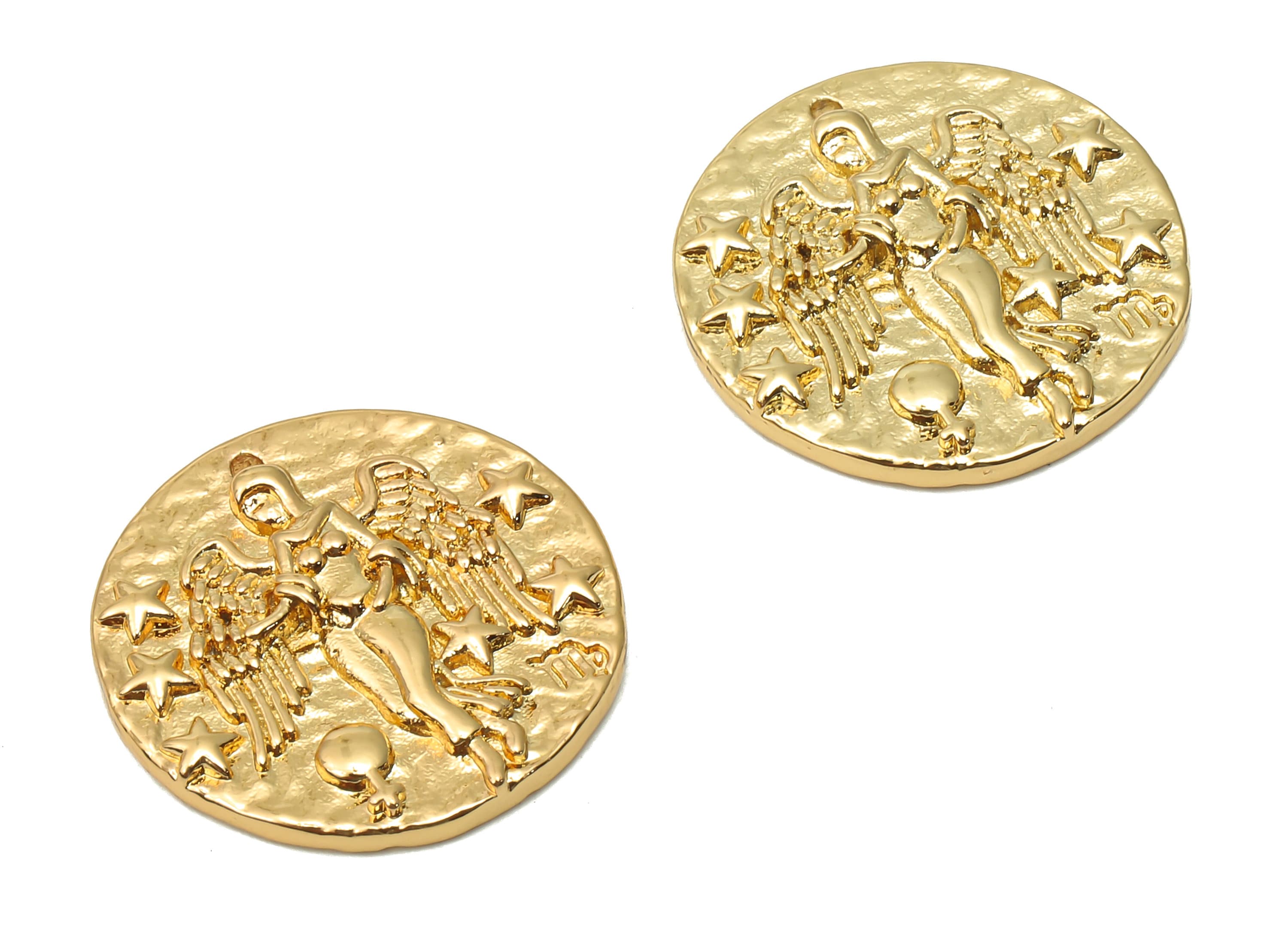 Virgo Round Charm - Brass Horoscope Charms - Women with Wings - Zodiac Necklace Pendant - 18K Real Gold Plated - 19.4x19.4x3.03mm - RGP4783J - DOMEDBAZAAR