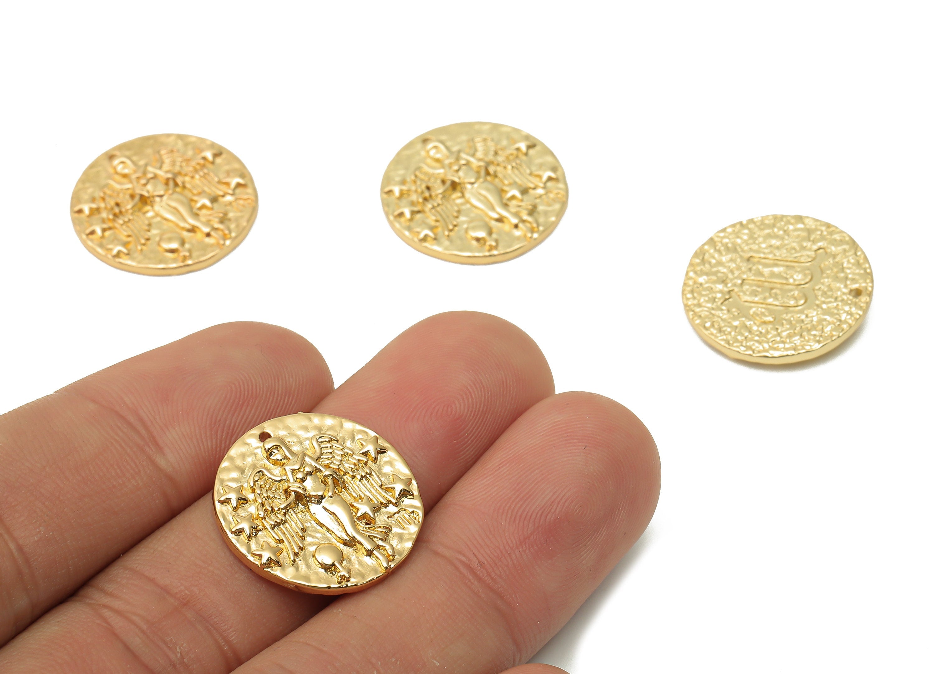 Virgo Round Charm - Brass Horoscope Charms - Women with Wings - Zodiac Necklace Pendant - 18K Real Gold Plated - 19.4x19.4x3.03mm - RGP4783J - DOMEDBAZAAR
