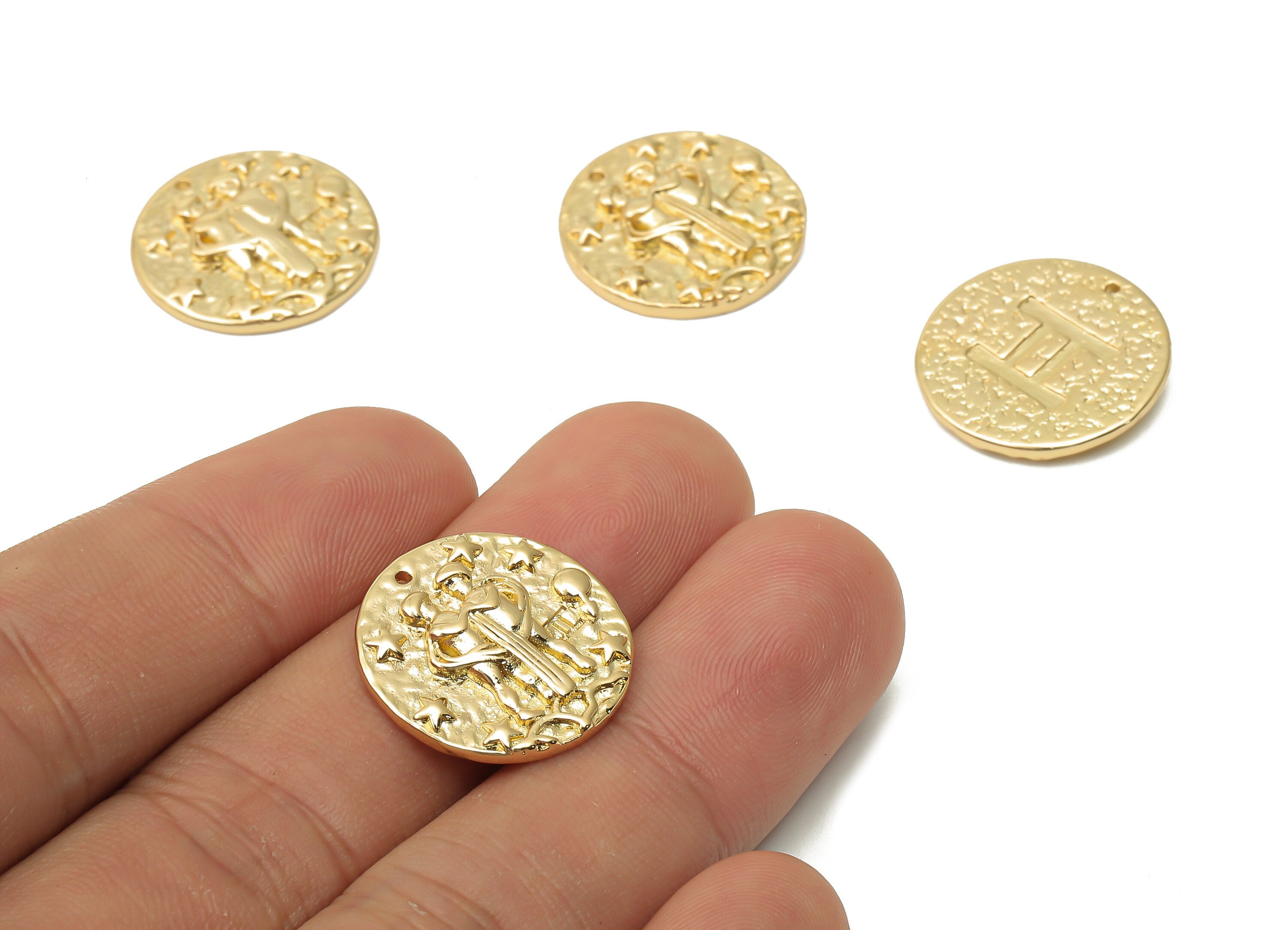 Gemini Round Charm - Raw Brass Horoscopes Charms - Zodiac Necklace - Brass Zodiac Pendant - 18K Real Gold Plated - 19.4x19.4x3mm - RGP4783K - DOMEDBAZAAR