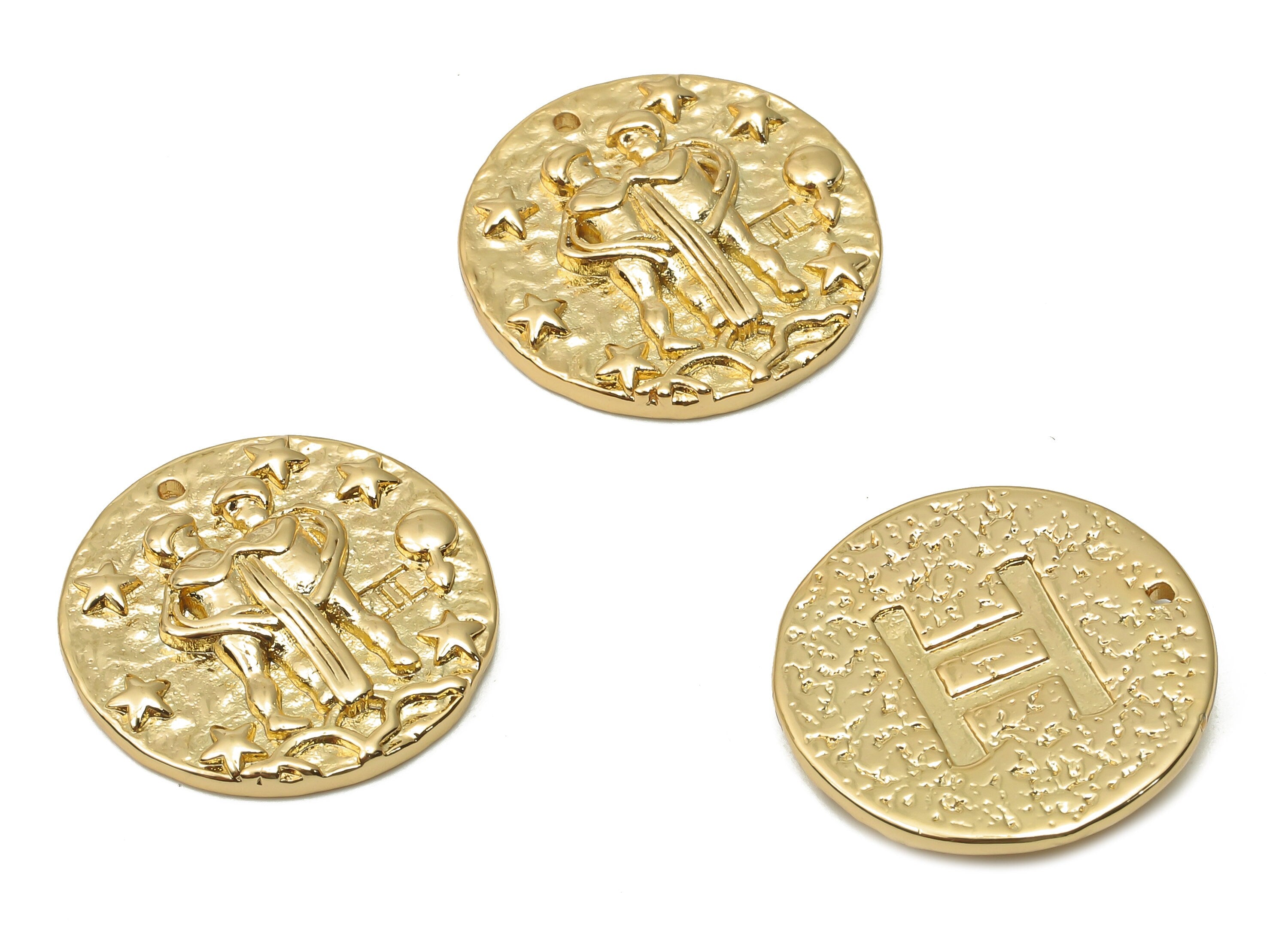 Gemini Round Charm - Raw Brass Horoscopes Charms - Zodiac Necklace - Brass Zodiac Pendant - 18K Real Gold Plated - 19.4x19.4x3mm - RGP4783K - DOMEDBAZAAR