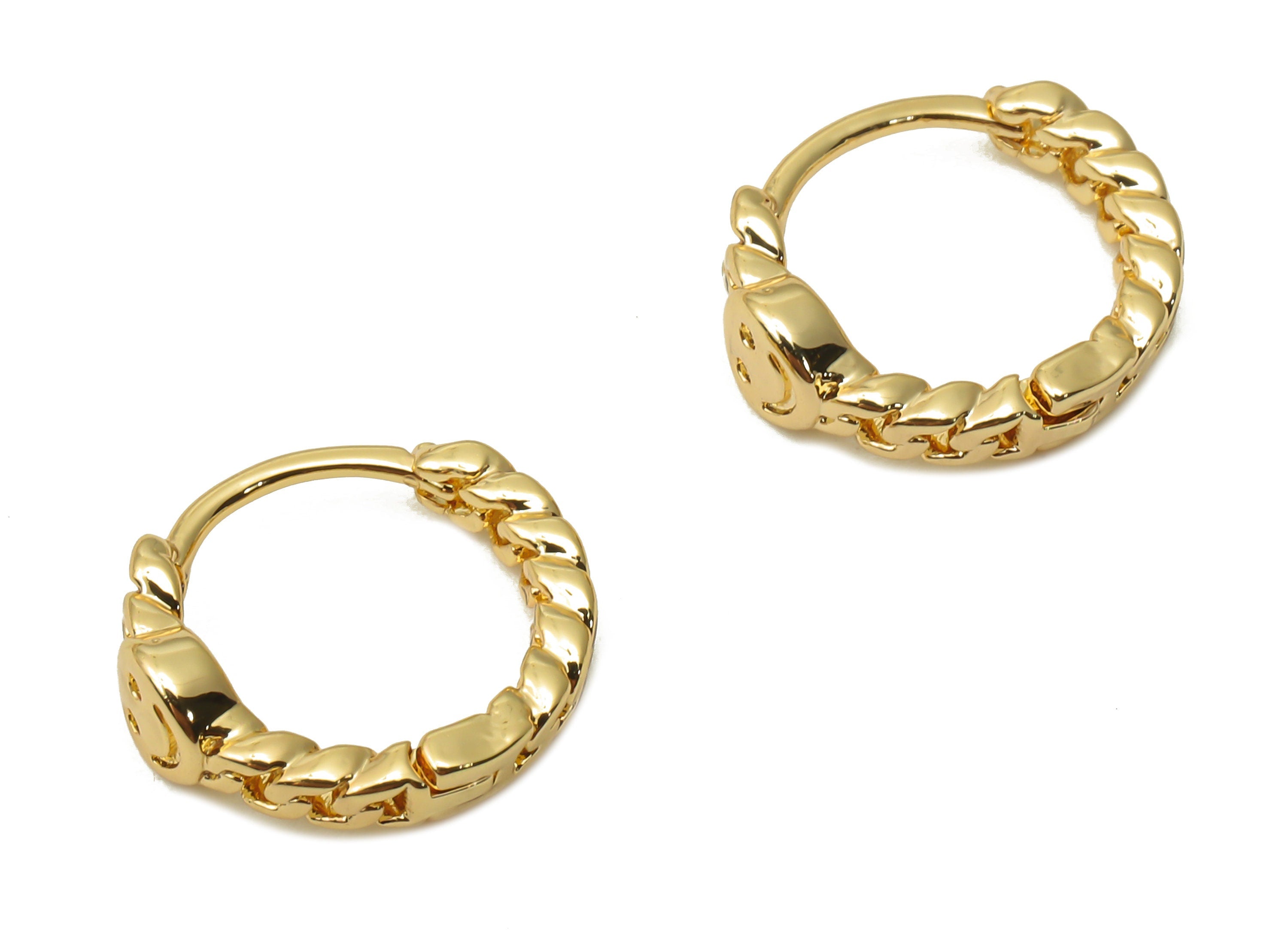 Brass Curb Chain Earrings Clasps - Smiley Face Huggie Hoop Earrings - Brass Emoji Earrings - 18K Real Gold Plate - 13.3x11.52x2mm - RGP4819 - DOMEDBAZAAR