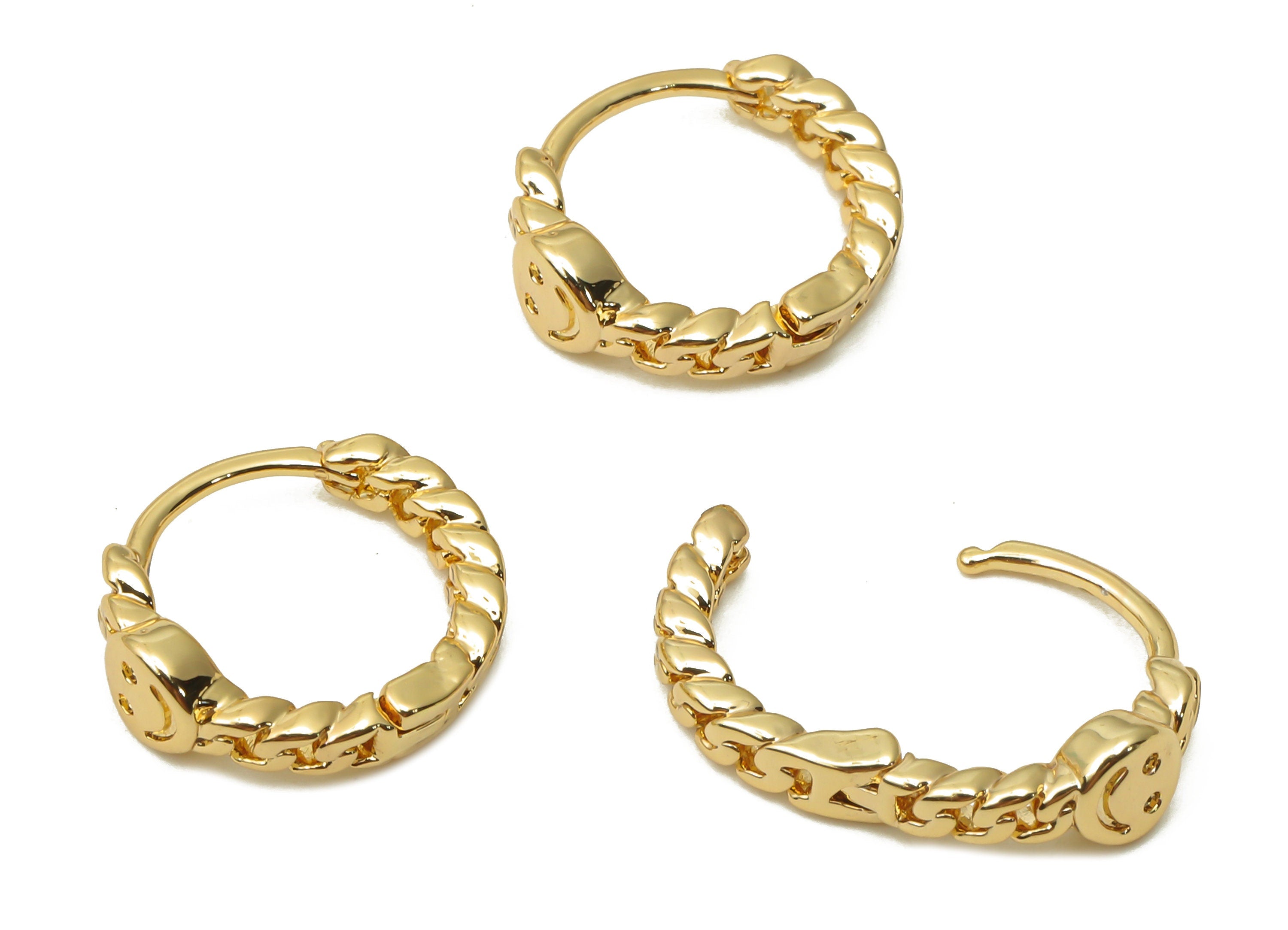 Brass Curb Chain Earrings Clasps - Smiley Face Huggie Hoop Earrings - Brass Emoji Earrings - 18K Real Gold Plate - 13.3x11.52x2mm - RGP4819 - DOMEDBAZAAR