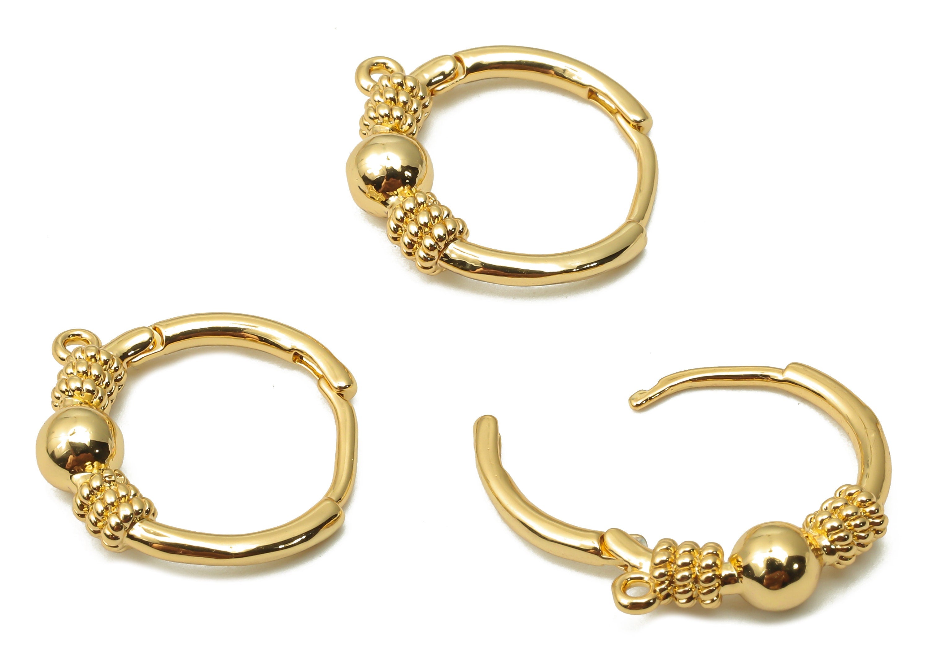 Brass Clasps Earrings - Brass Textured Huggie Hoop With Loop - Brass Ball Earrings - 18K Real Gold Plated Brass - 17.15x16.1x4.2mm - RGP4828 - DOMEDBAZAAR