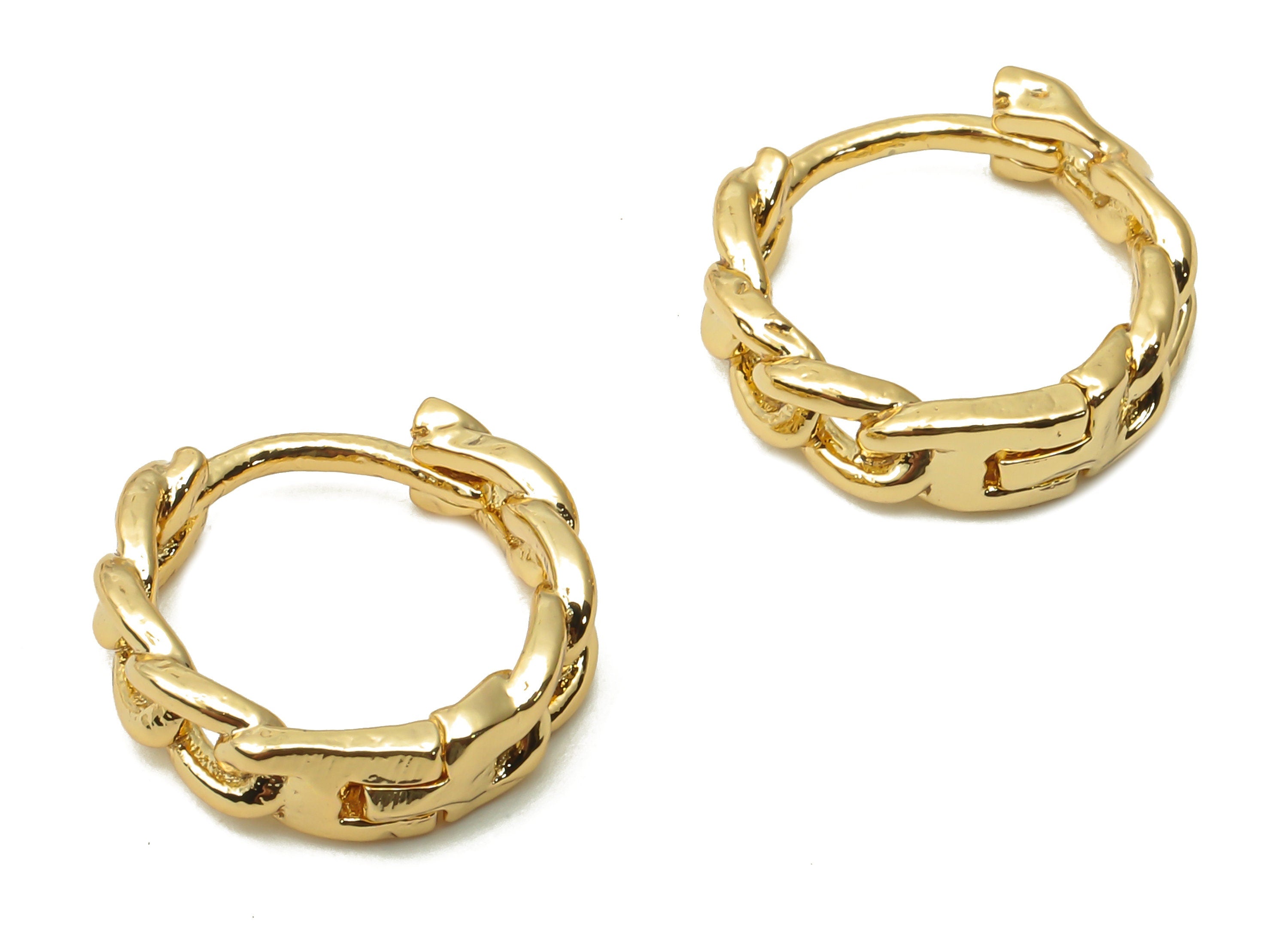 Brass Curb Chain Earrings Clasps - Gold Plated Round Earrings - Huggie Hoop Clasps - 18K Real Gold Plated - 13.19x13.19x1.3mm - RGP4830 - DOMEDBAZAAR