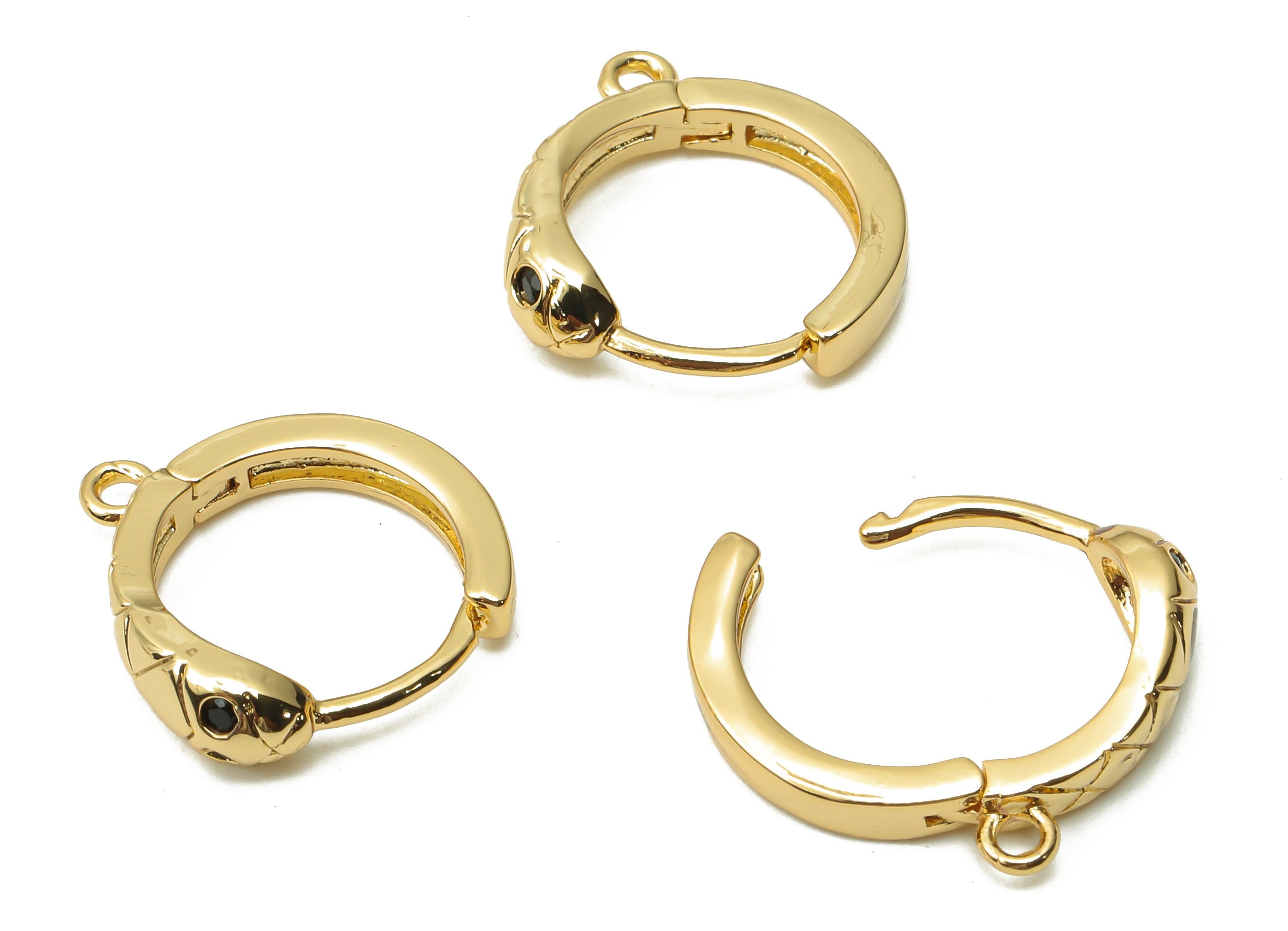 Brass Round Earrings Clasps With Zircon - Brass Round Snake Hoop With Loop - 18K Real Gold Plated - 14.6x12.89x1.93mm - RGP4838 - DOMEDBAZAAR
