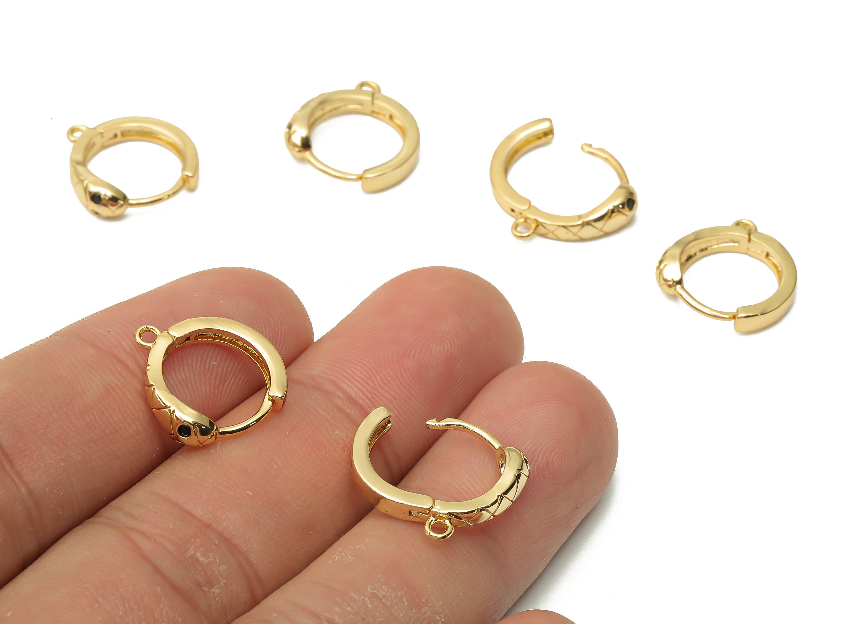 Brass Round Earrings Clasps With Zircon - Brass Round Snake Hoop With Loop - 18K Real Gold Plated - 14.6x12.89x1.93mm - RGP4838 - DOMEDBAZAAR
