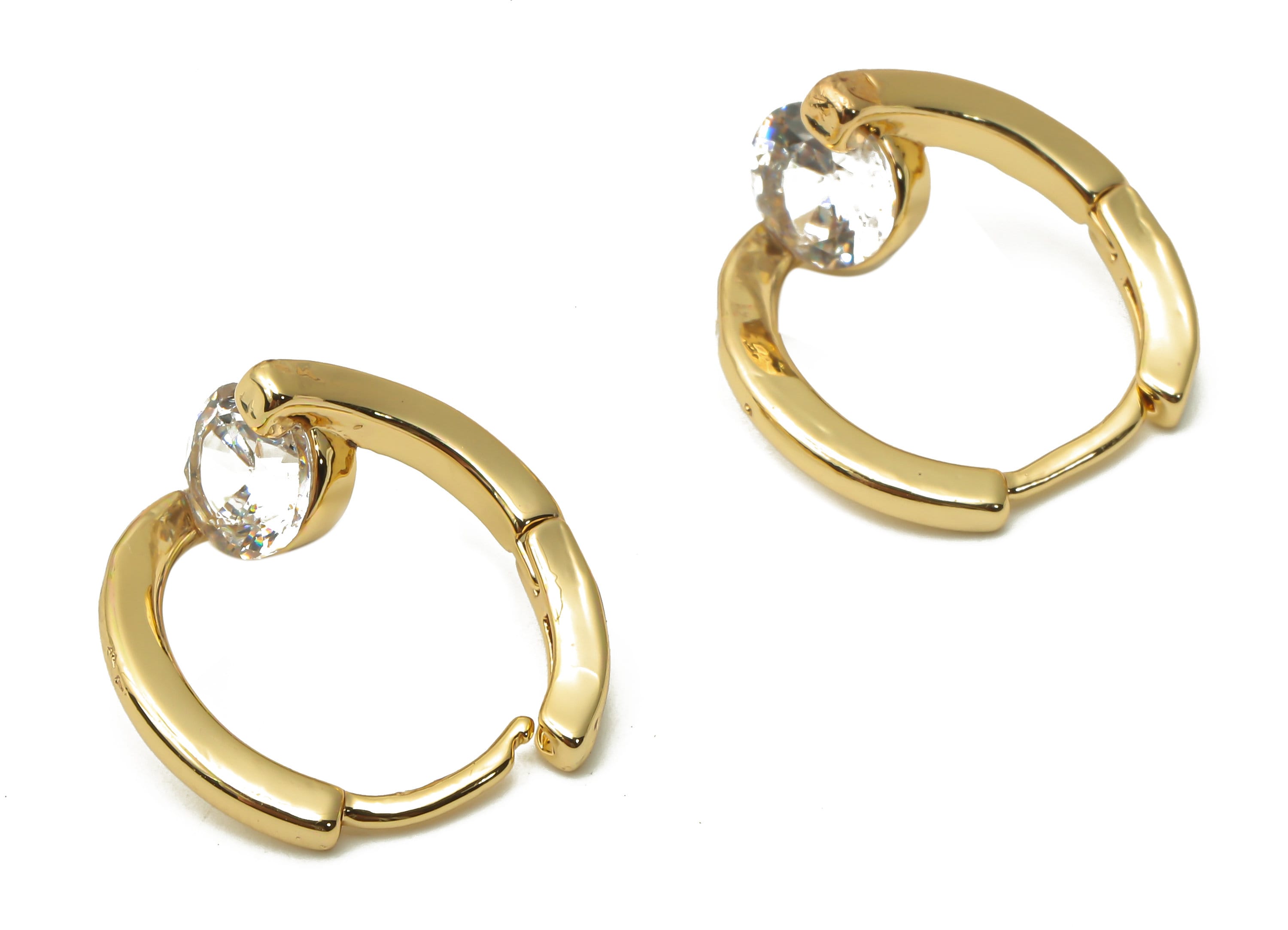 Brass Round Solitaire Ring Hoop Huggie Earring - Brass Solitaire Earring With Zircon - 18K Real Gold Plated - 16.82x15.61x1.78mm - RGP4858 - DOMEDBAZAAR
