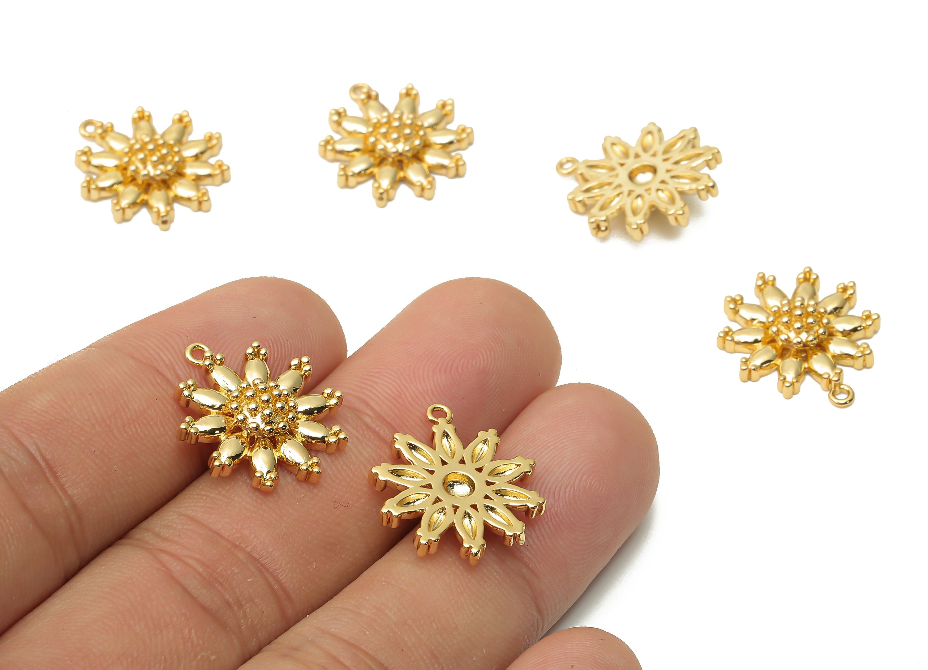 Brass Daisy Flower Charms - Brass Sunflower Earring Charms - 18K Real Gold Plated Brass - 19.85x16.93x4.25mm - RGP4860 - DOMEDBAZAAR