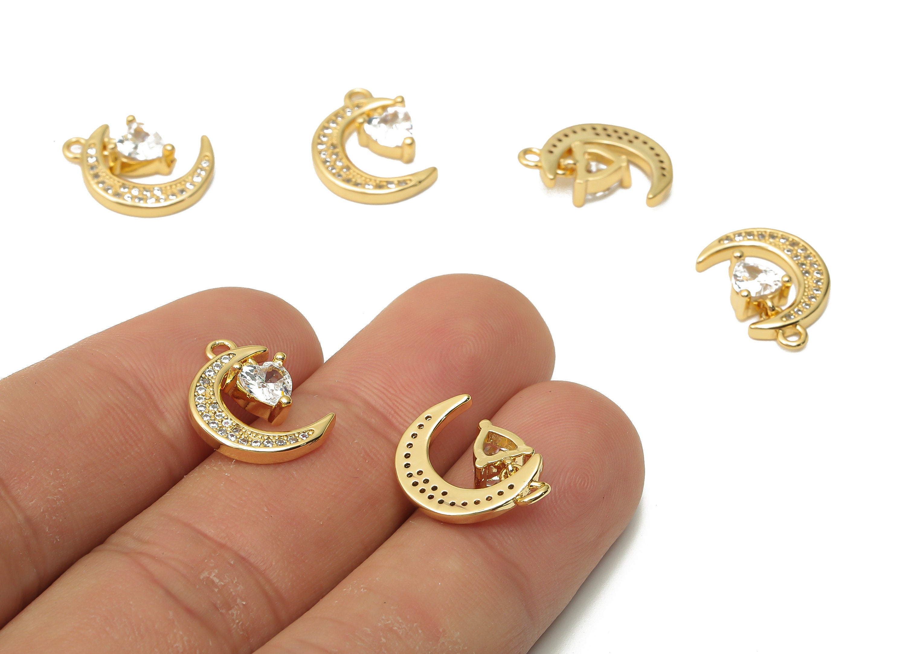 Brass Crescent Earrings Charms With Zircon - Moon Necklace Pendant - Heart Diamond - 18K Real Gold Plated -16.05x11.36x3.8mm - RGP4866 - DOMEDBAZAAR