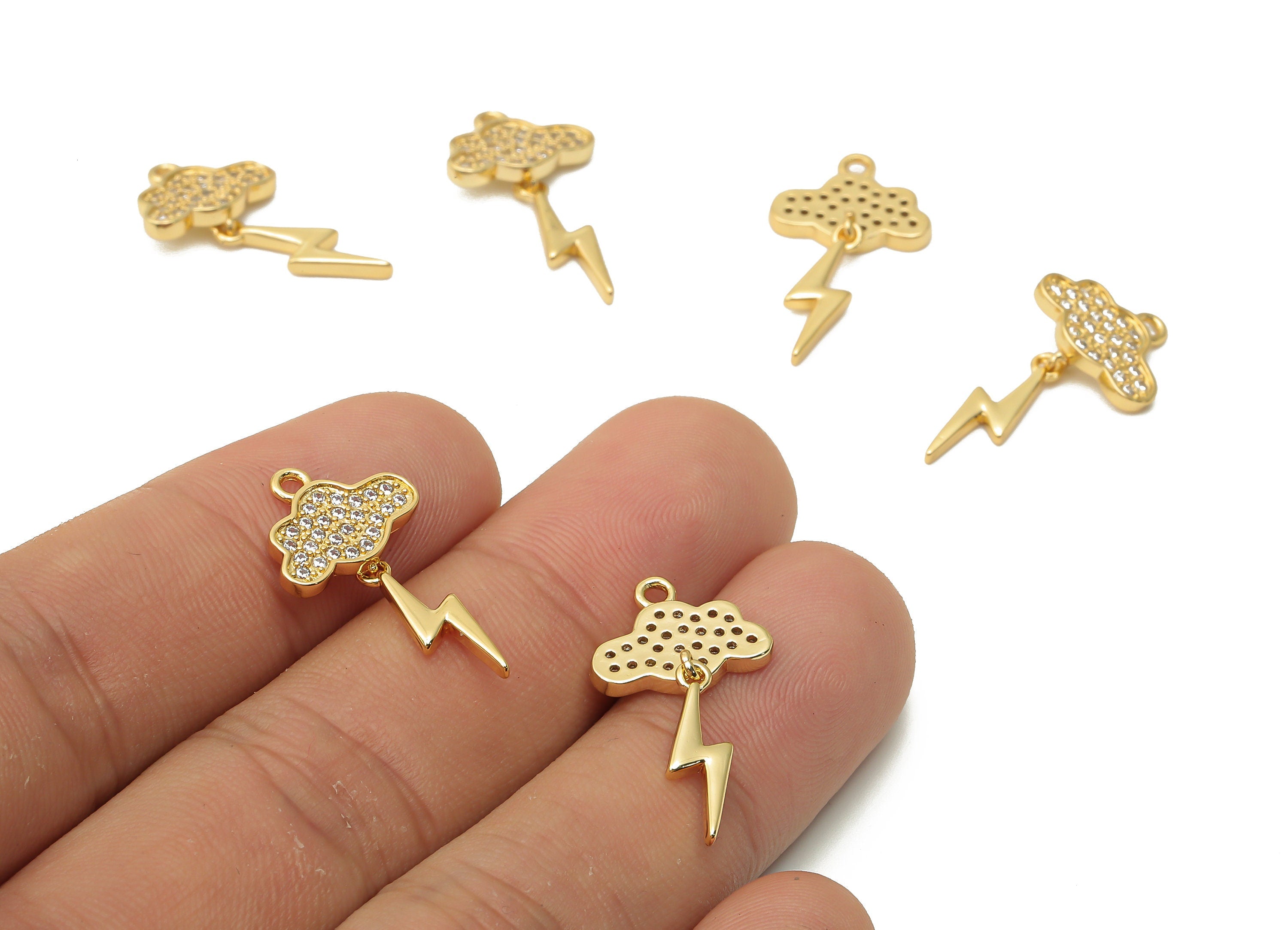 Brass Cloud Lightning Earrings with Zircon - Brass Cloud Pendant - Lightning Pendant- 18K Real Gold Plated -24.56x13.6x1.65mm - RGP4867 - DOMEDBAZAAR