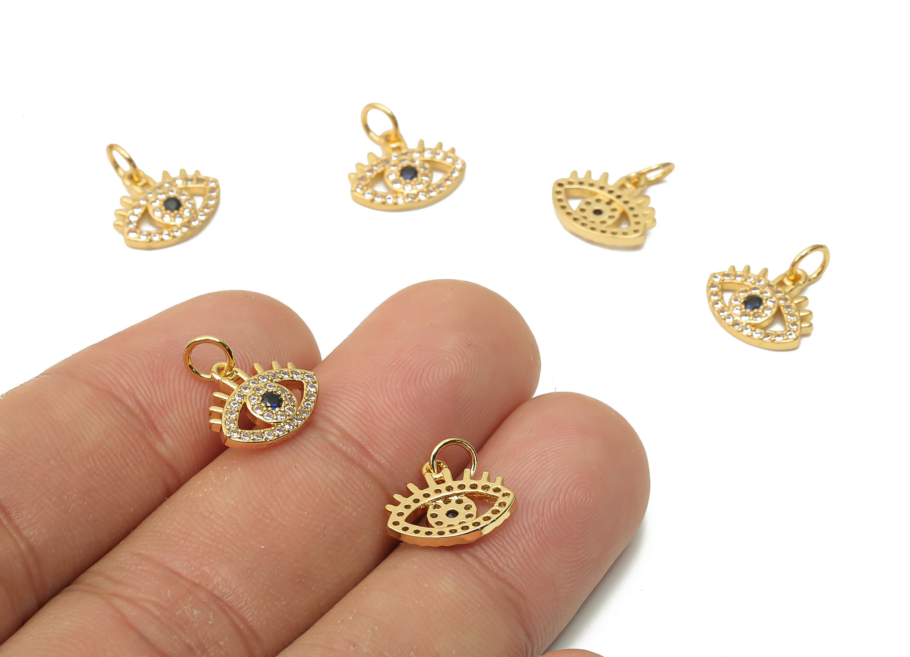 Brass Eyelash Earring Charms - Brass Eye Pendant with Black Zircon - Eye Earrings  - 18K Real Gold Plated  -13.66x12.11x1.56mm - RGP4872 - DOMEDBAZAAR