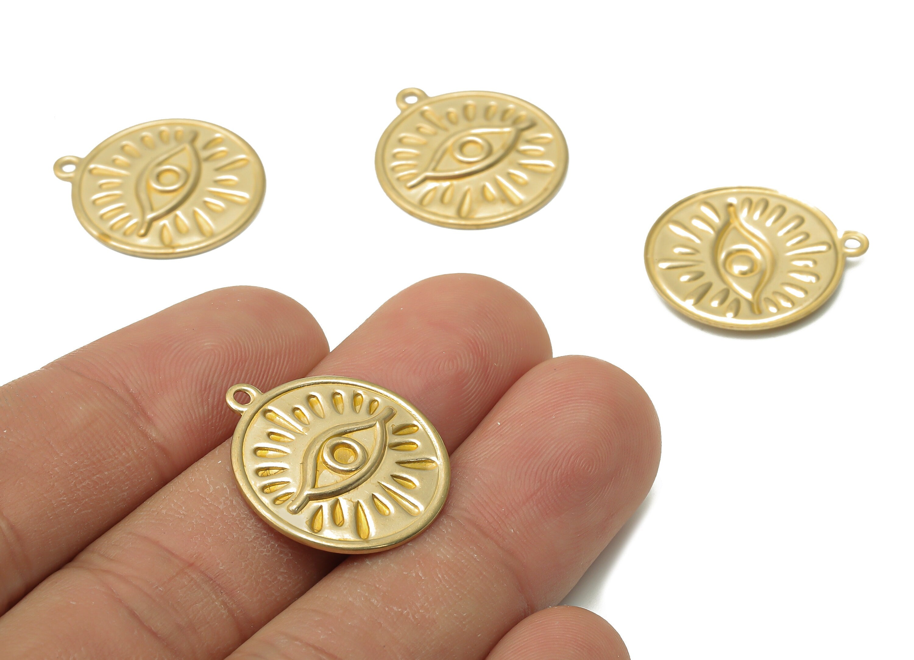Brass Round Earring Charms - Raw Brass Circle Eye Earring - Brass Sun Eye Pendant - Brass Round Charms - 22.85x20.34x1.8mm - PP7844 - DOMEDBAZAAR