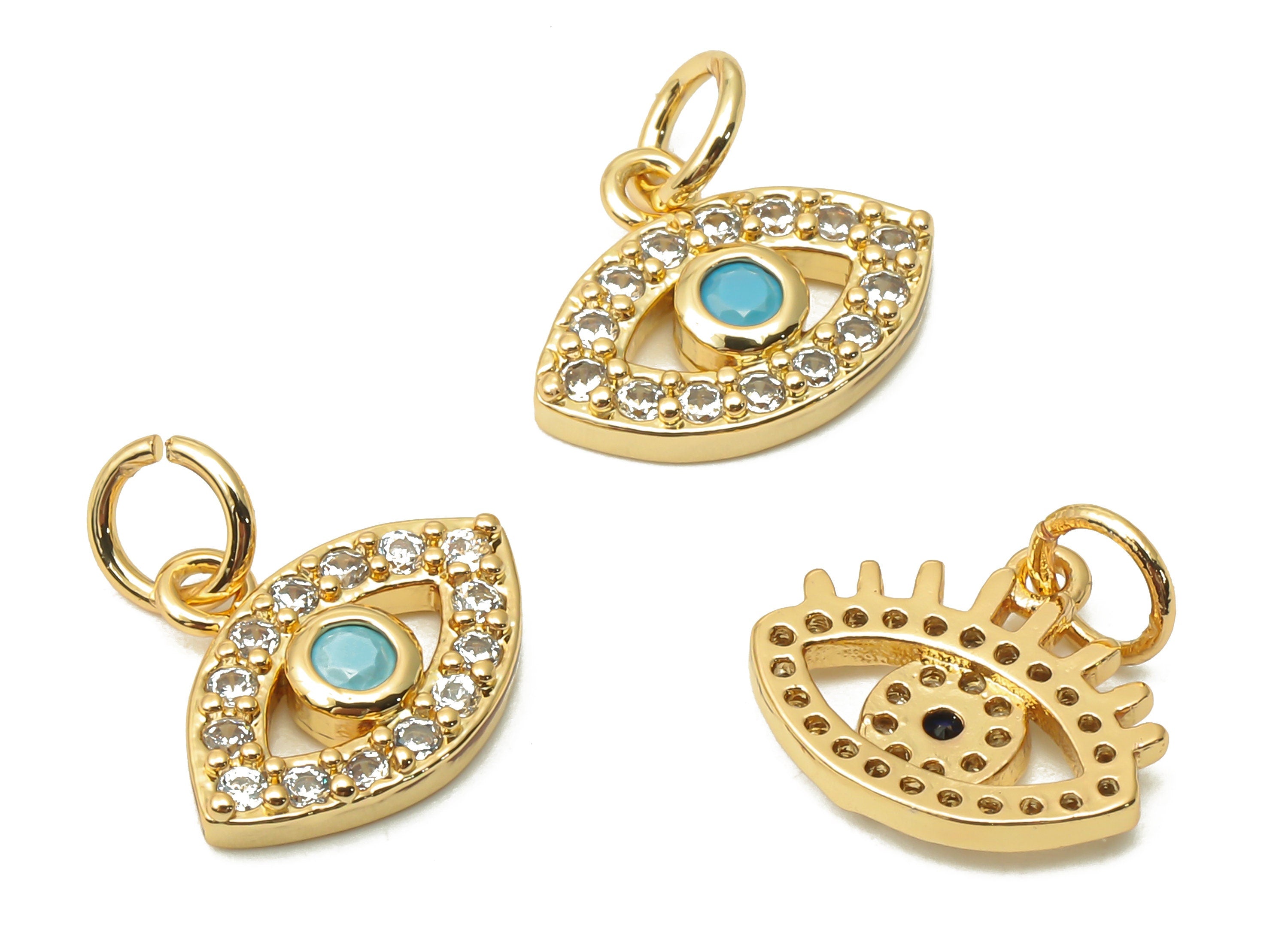 Brass Mini Eye Pendant with Zircon - Brass Round Earrings - Brass Braceler Charm - 18K Real Gold Plated - 12.65x10.2x2.11mm - RGP4874 - DOMEDBAZAAR