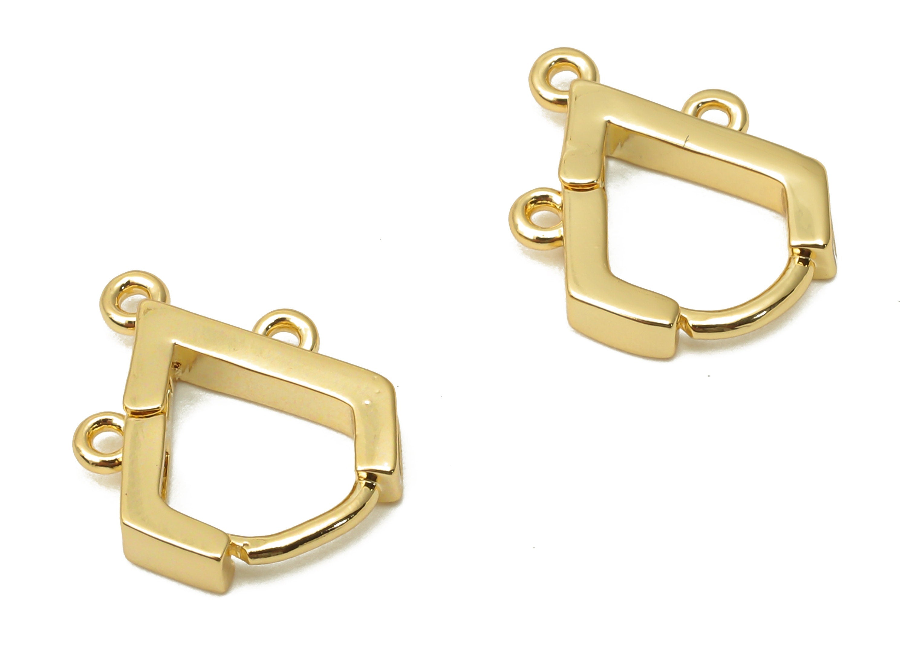 Brass V Earrings Clasps - Huggie Hoop With 3 Loop - Brass Drop Hoop Earrings - 18K Real Gold Plated Brass - 14.36x11.35x2.21mm - RGP4884 - DOMEDBAZAAR