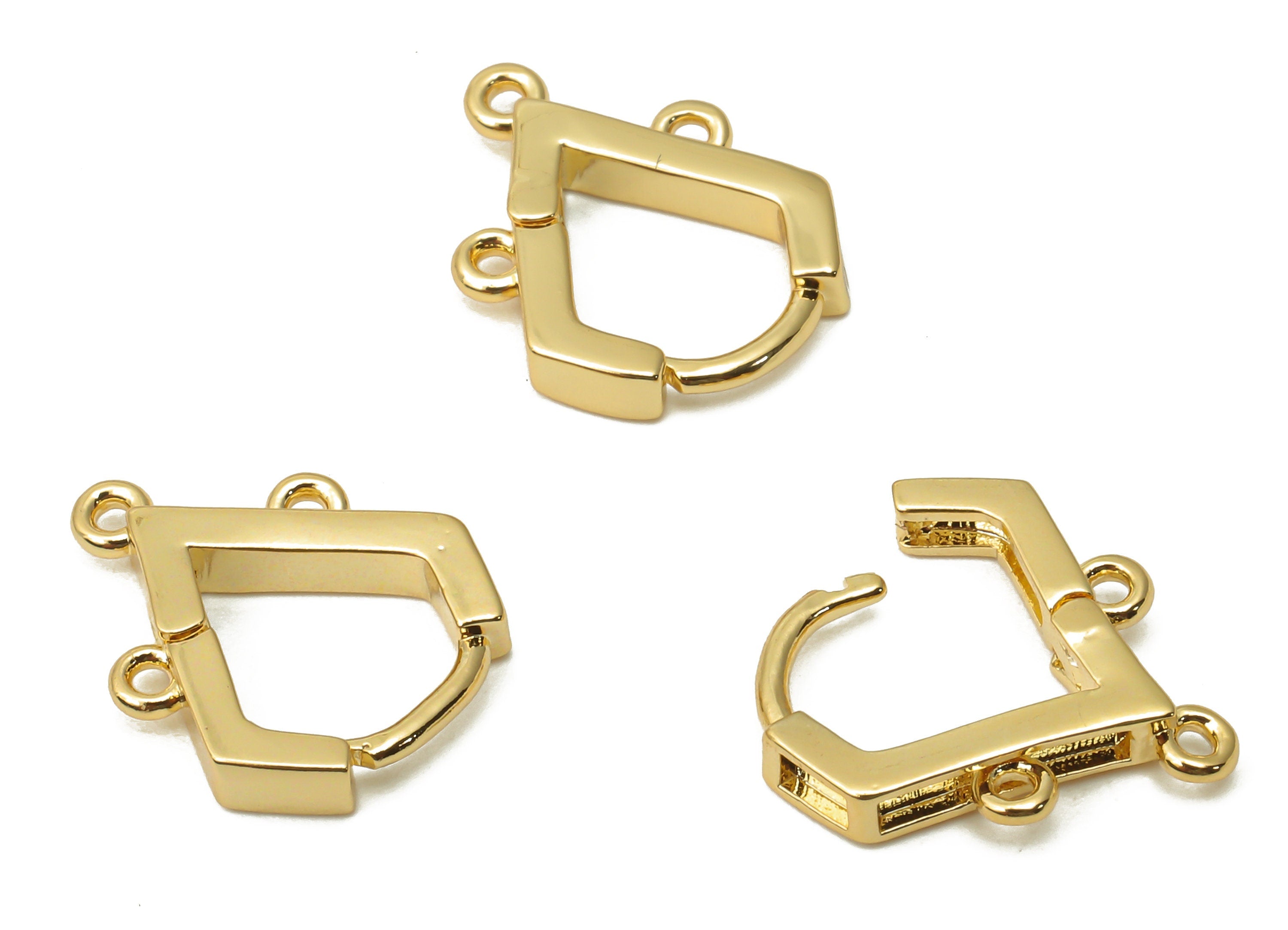 Brass V Earrings Clasps - Huggie Hoop With 3 Loop - Brass Drop Hoop Earrings - 18K Real Gold Plated Brass - 14.36x11.35x2.21mm - RGP4884 - DOMEDBAZAAR