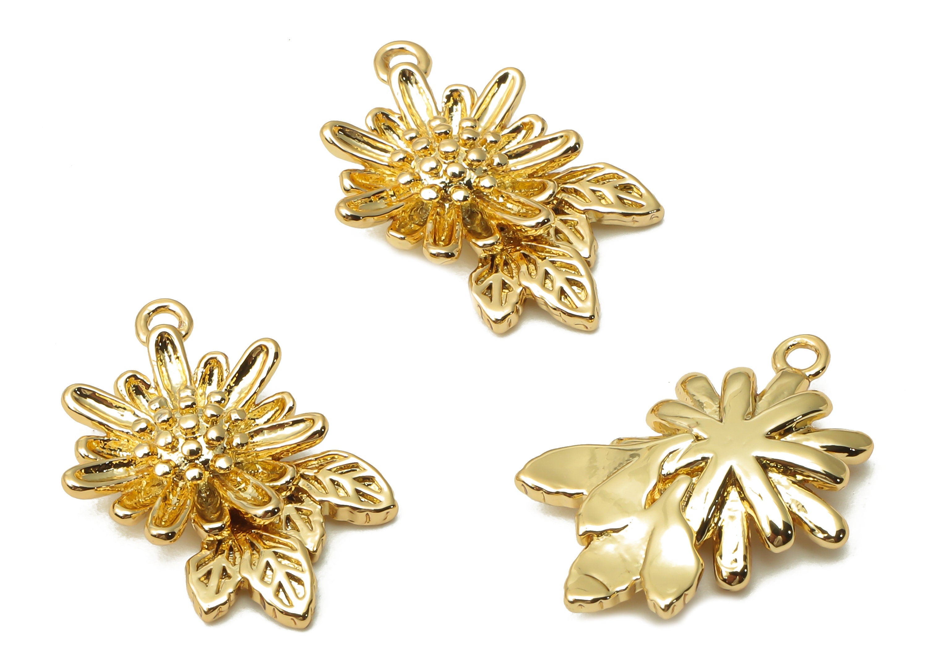 Brass Flower Earring Charm - Brass Waterlily Earring - Lotus Pendant - Flower Charm - 18K Real Gold Plated - 19.45x12.55x3.85mm - RGP4889 - DOMEDBAZAAR