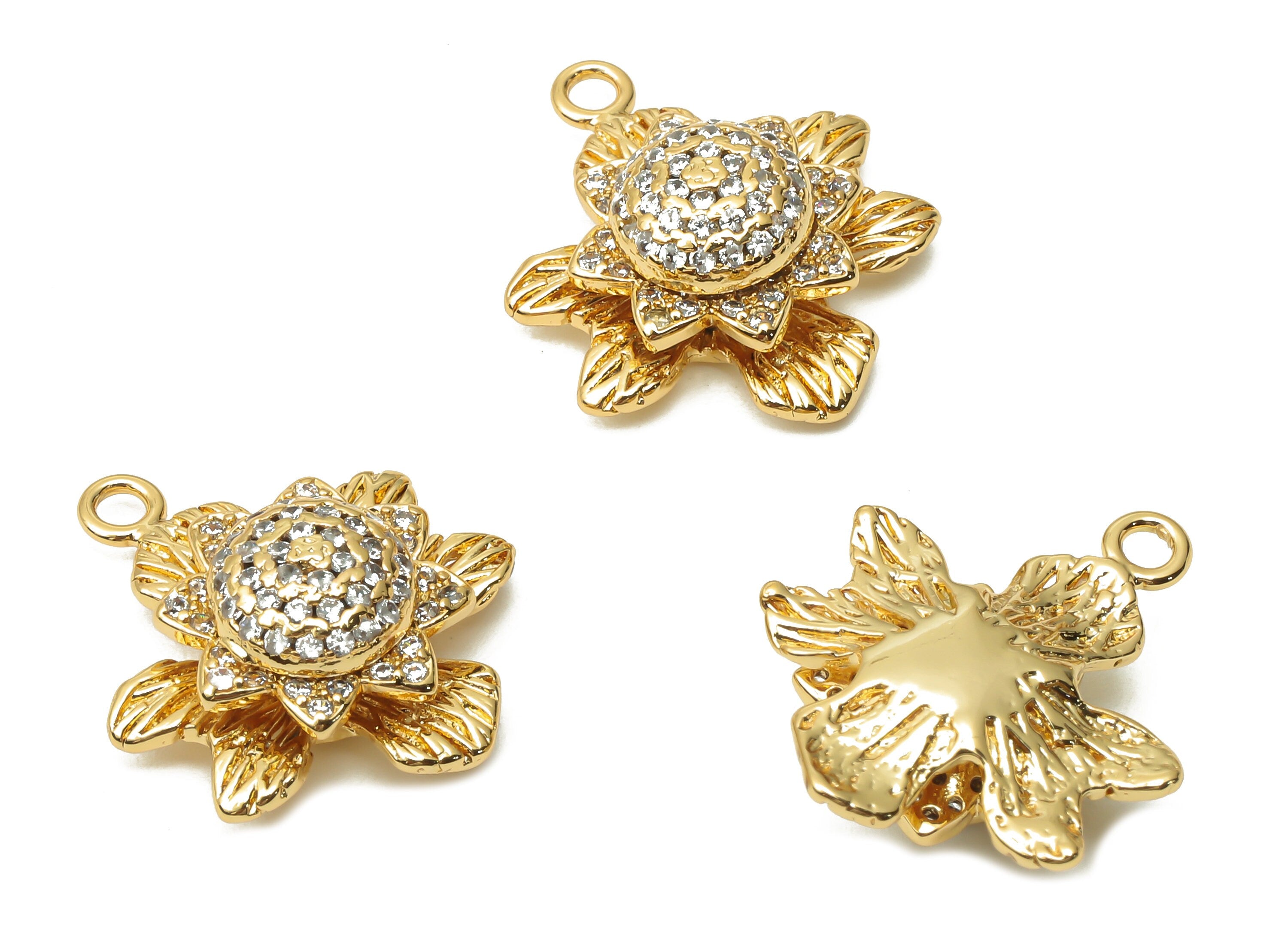 Brass Botanic Earrings With Zircon - Brass Botanic Pendant - Brass Flower Pendant - 18K Real Gold Plated - 20.93x17.45x7.47mm - RGP4890 - DOMEDBAZAAR