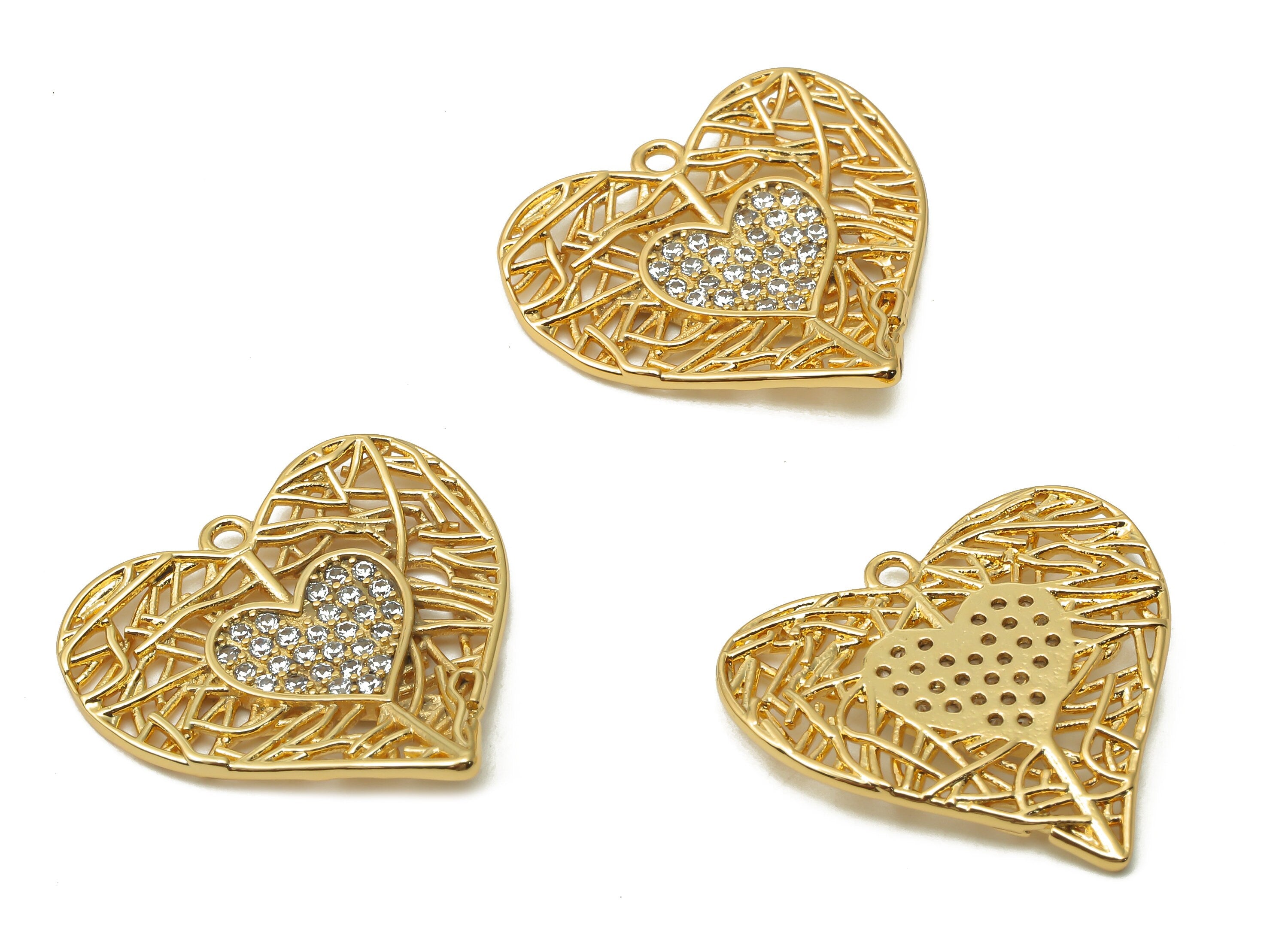Brass Web Heart Earring With Zircon - Brass Double Heart Charm - Brass Heart Earring - 18K Real Gold Plated - 22.31x21.3x1.82mm -RGP4891 - DOMEDBAZAAR