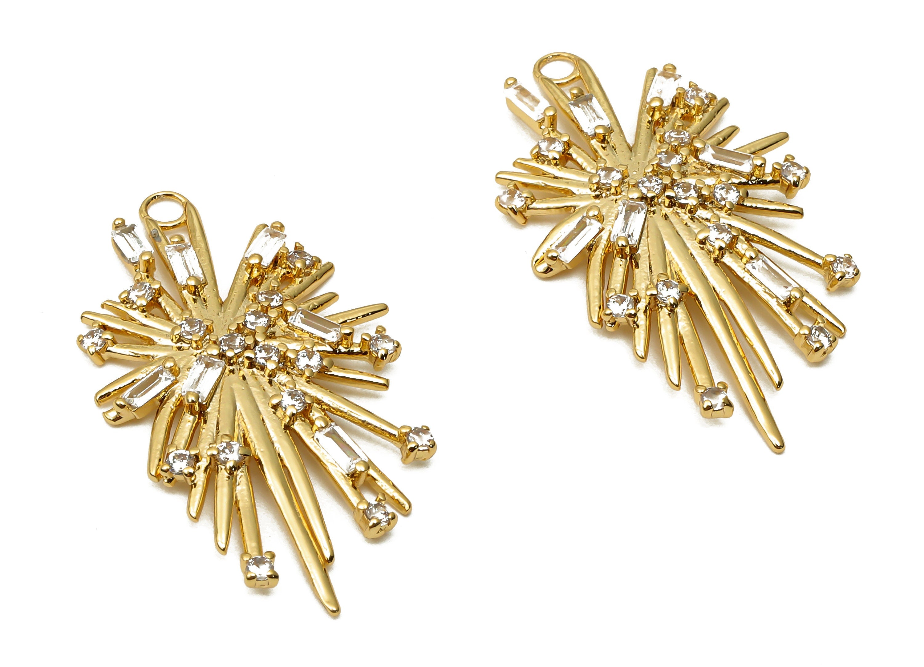 Brass Earrings Charms - Brass Spikes Sun Burst Earring With Zircon - Sun Burst Pendant - 18K Real Gold Plated - 30.67x 17.55x2.18mm -RGP4892 - DOMEDBAZAAR