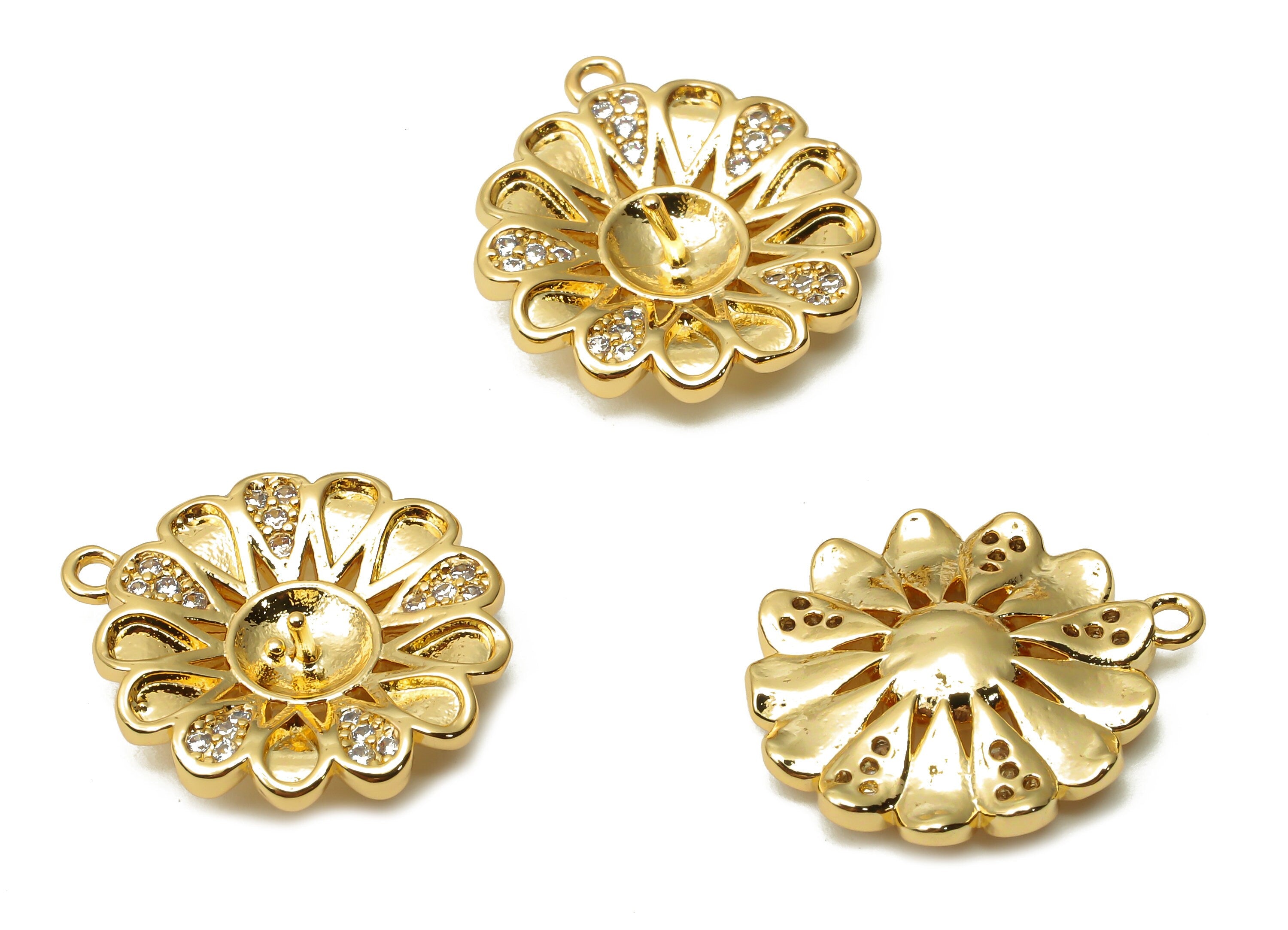 Brass Flower Earrings Charm With Zircon - Brass Botanical Pendant - Brass For Pearl - 18K Real Gold Plated - 18.64x 16.7x 1.63mm -RGP4896 - DOMEDBAZAAR
