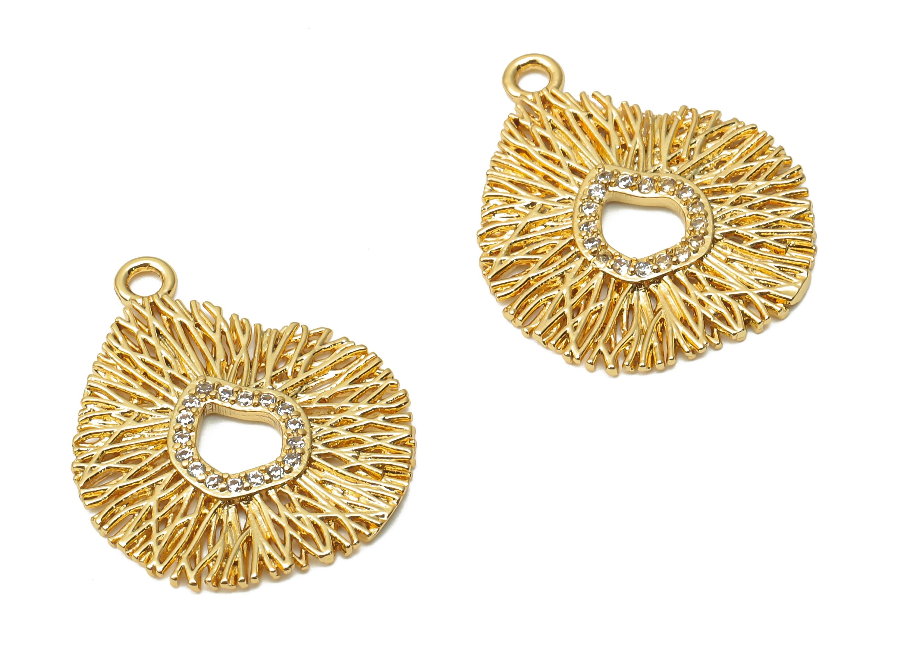 Brass Coral Earring Charm With Zircon - Brass Irregular Wires Charms - Round Pendant - 18K Real Gold Plated - 20.22x 16.6x 1.02mm -RGP4897 - DOMEDBAZAAR