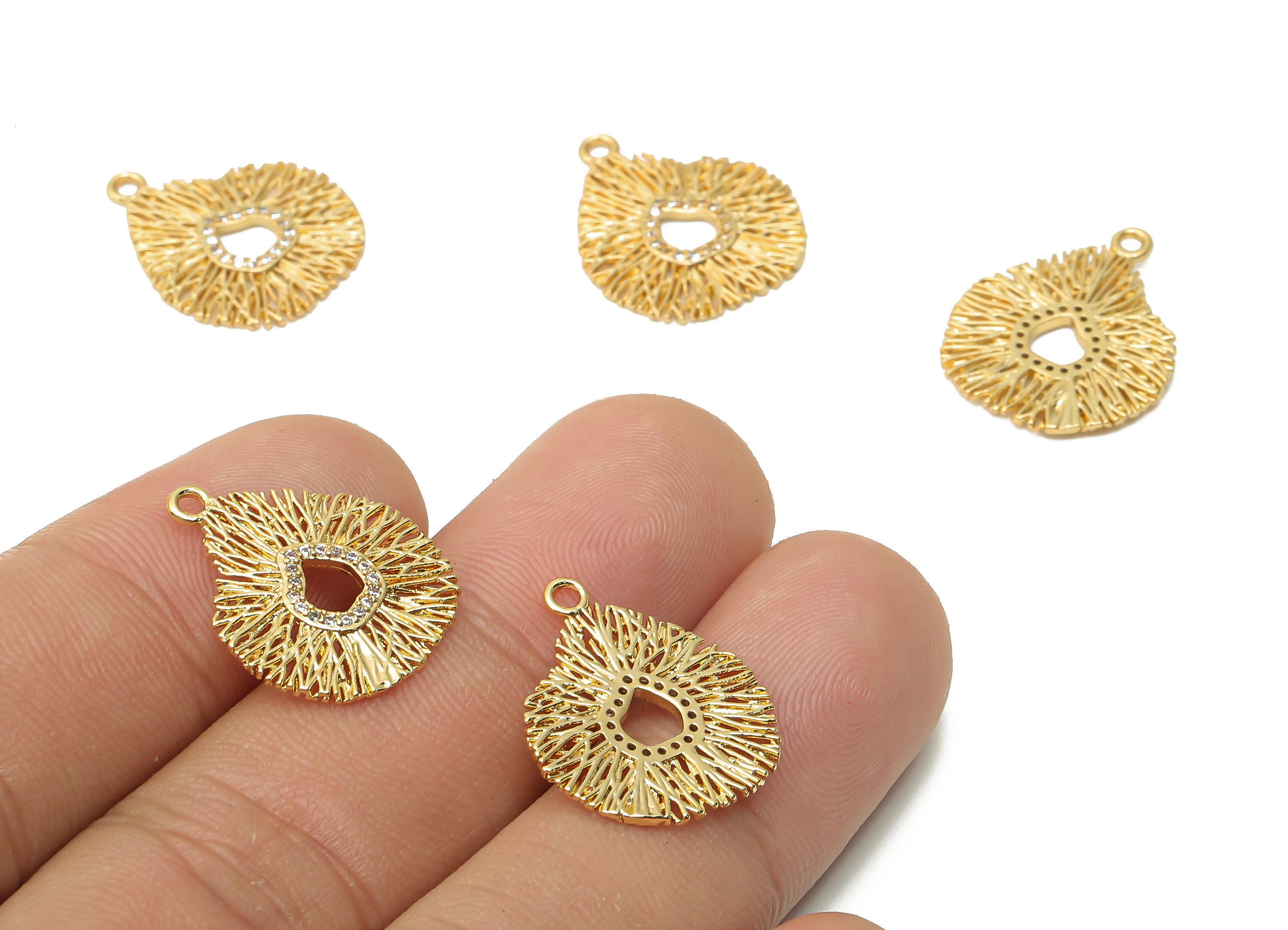 Brass Coral Earring Charm With Zircon - Brass Irregular Wires Charms - Round Pendant - 18K Real Gold Plated - 20.22x 16.6x 1.02mm -RGP4897 - DOMEDBAZAAR