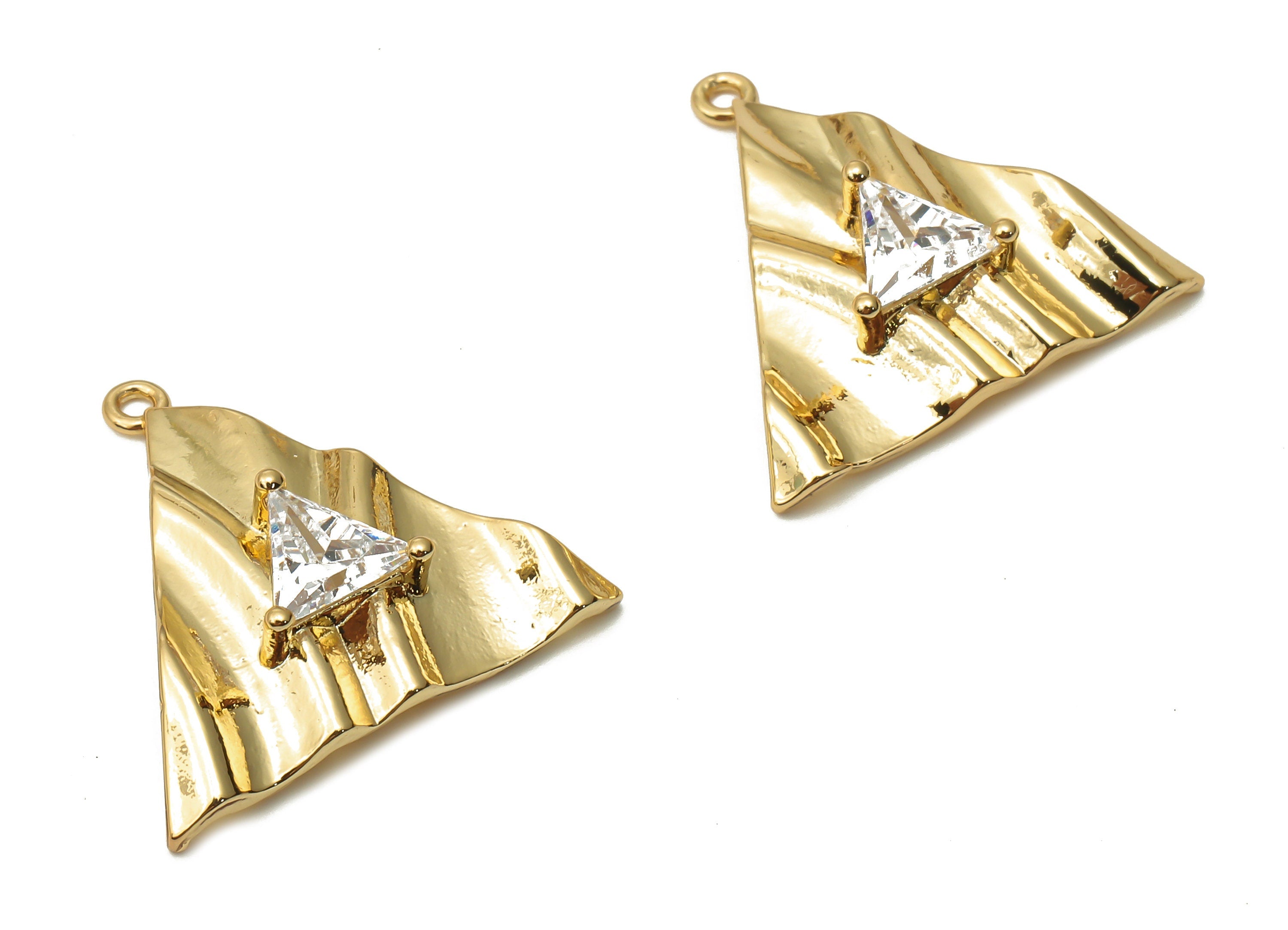 Brass Triangle Earrings Charms - Brass Wave Earring With Zircon - Triangle Wavy Pendant - 18K Real Gold Plated - 22.24x21.73x1.4mm - RGP4903 - DOMEDBAZAAR