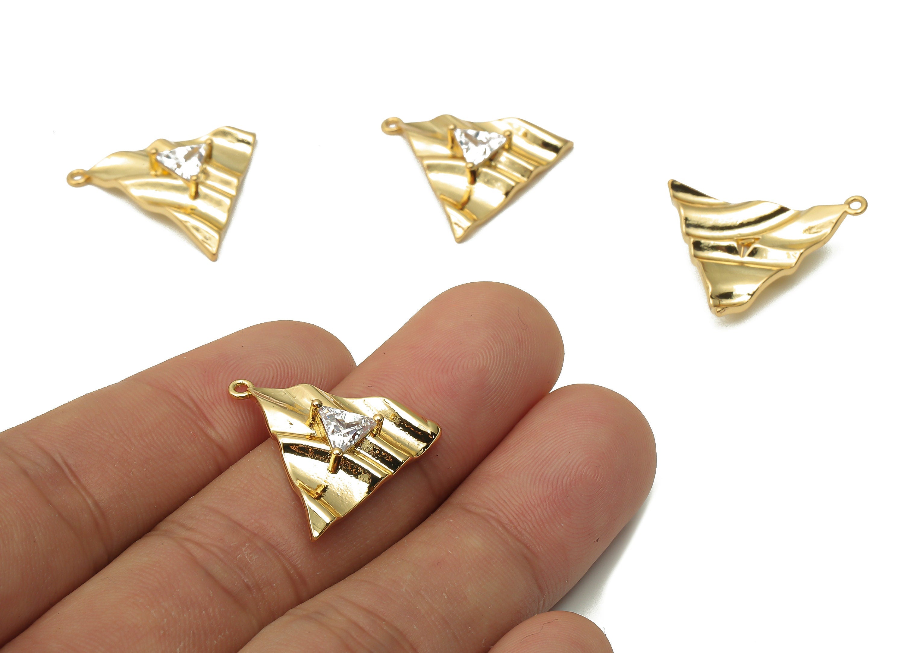 Brass Triangle Earrings Charms - Brass Wave Earring With Zircon - Triangle Wavy Pendant - 18K Real Gold Plated - 22.24x21.73x1.4mm - RGP4903 - DOMEDBAZAAR