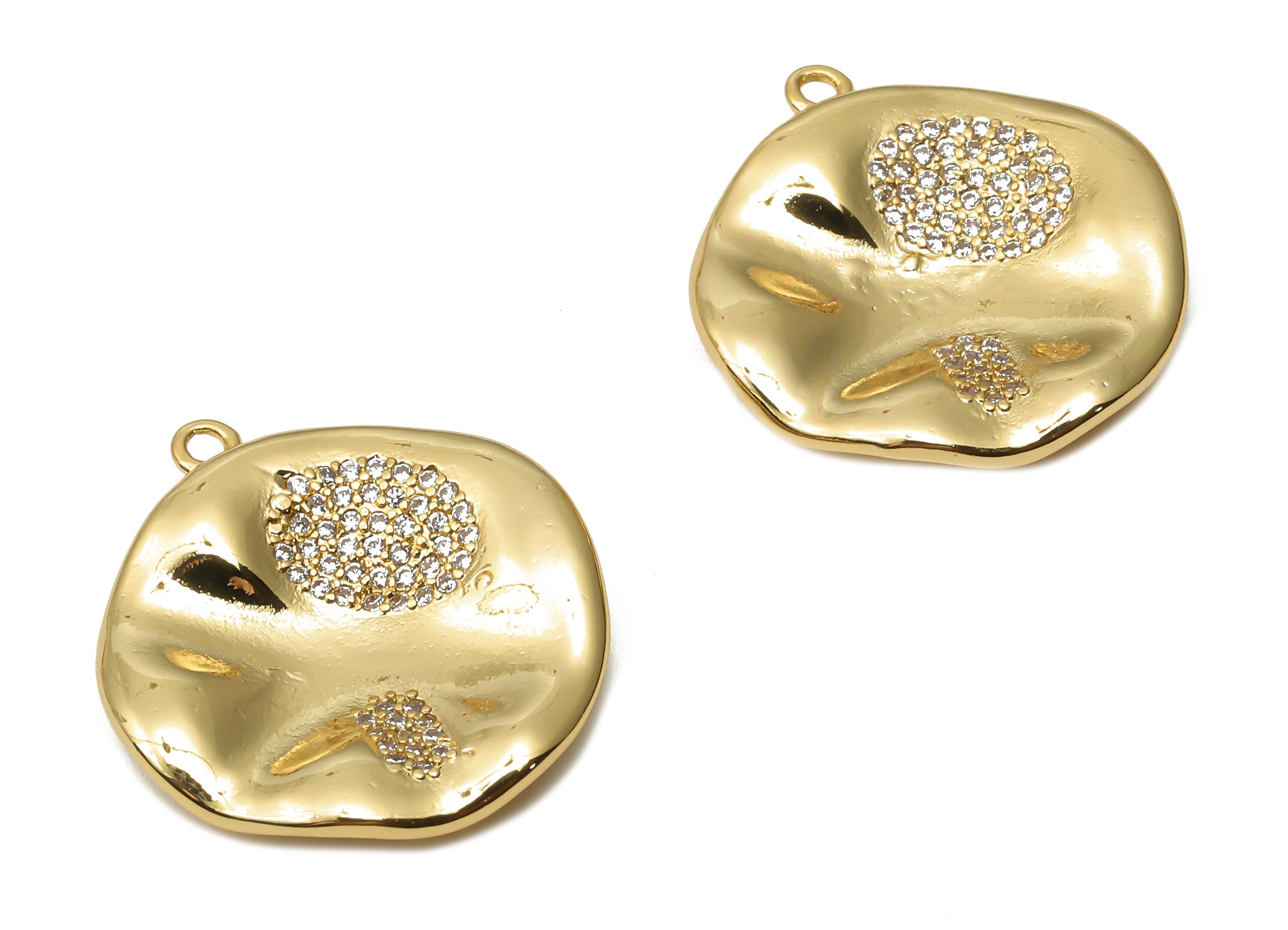 Brass Curved Round Leaf Earring Charm with Zircon - Brass Wavy Pendant - Lotus Charm - 18K Real Gold Plated-21.51x20.07x1.39mm - RGP4904 - DOMEDBAZAAR