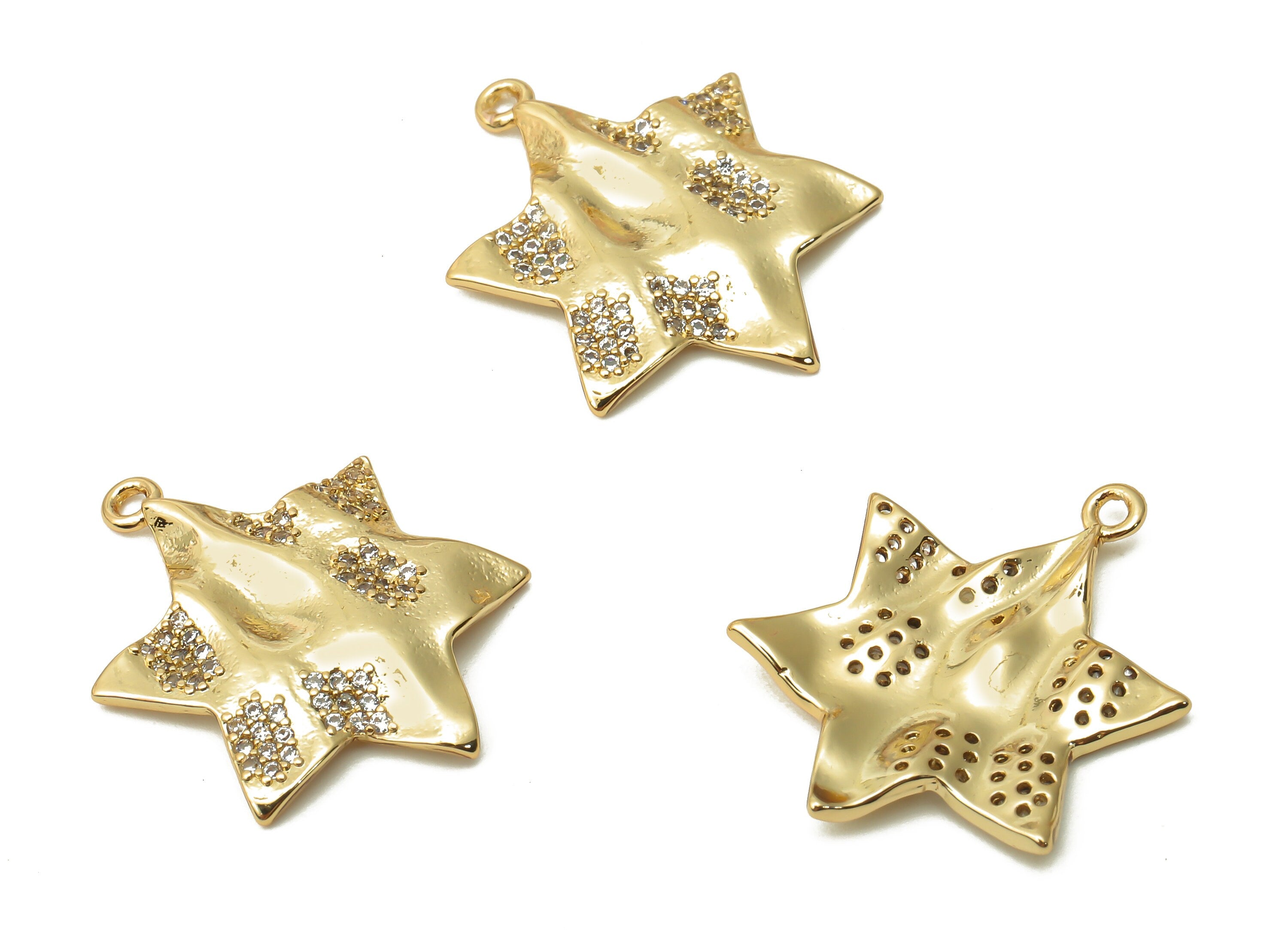 Brass Star Wavy Earring Charm With Zircon - Magen Star of David Pendant - Star Necklace- 18K Real Gold Plated - 21.65x17.11x1.7mm - RGP4905 - DOMEDBAZAAR