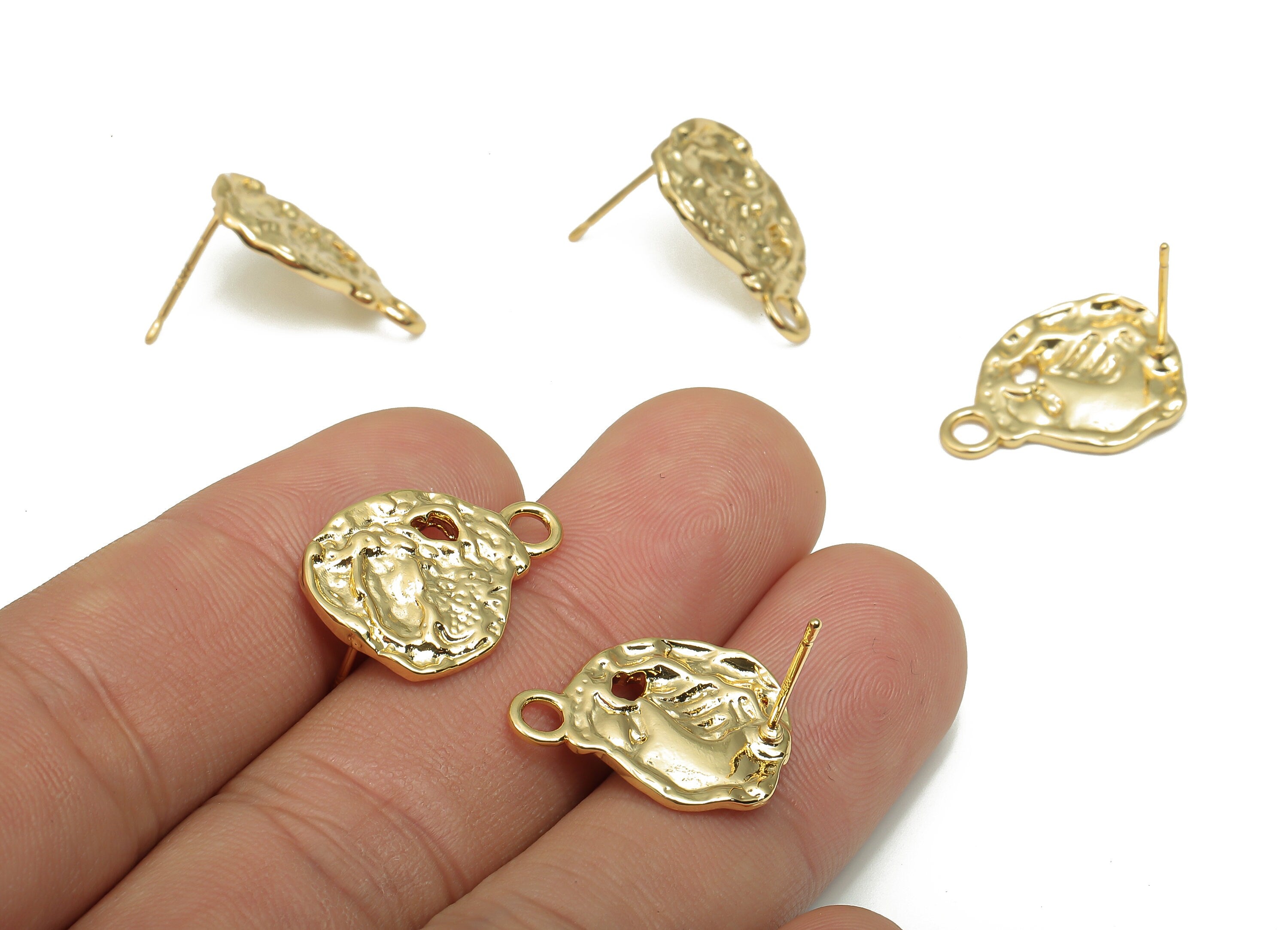 Brass Earring Stud - Brass Hammered Stud Earring - 18K Real Gold Plated Brass Post - Imitation Silver Stud - 20.21x14.87x2.18mm - RGP4541 - DOMEDBAZAAR