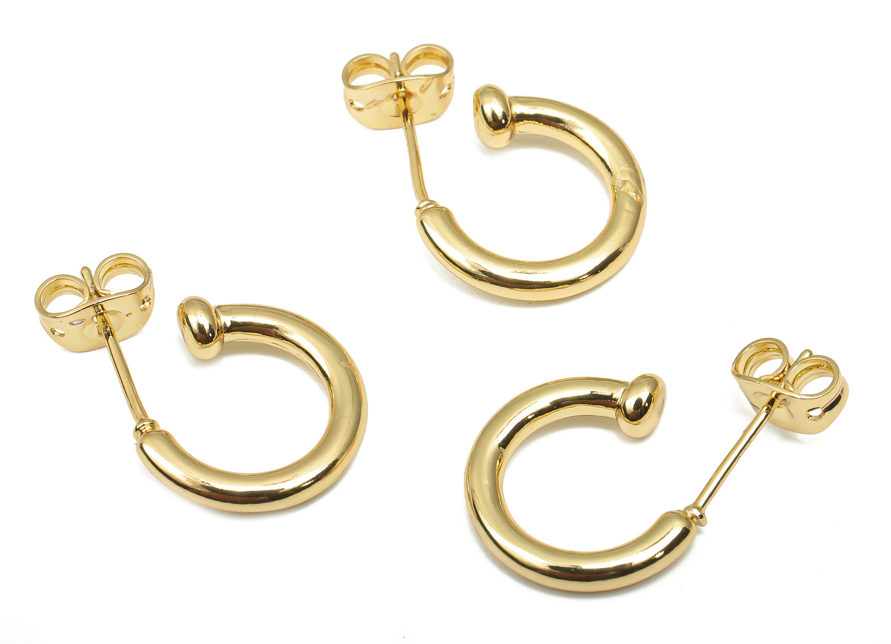 Brass Open Hoop Earring - Brass C Hoop Earring - Imitation Silver Stud - 18K Real Gold Plated Brass Stud Earring - 13.6x12.1x3.5mm - RGP4542 - DOMEDBAZAAR