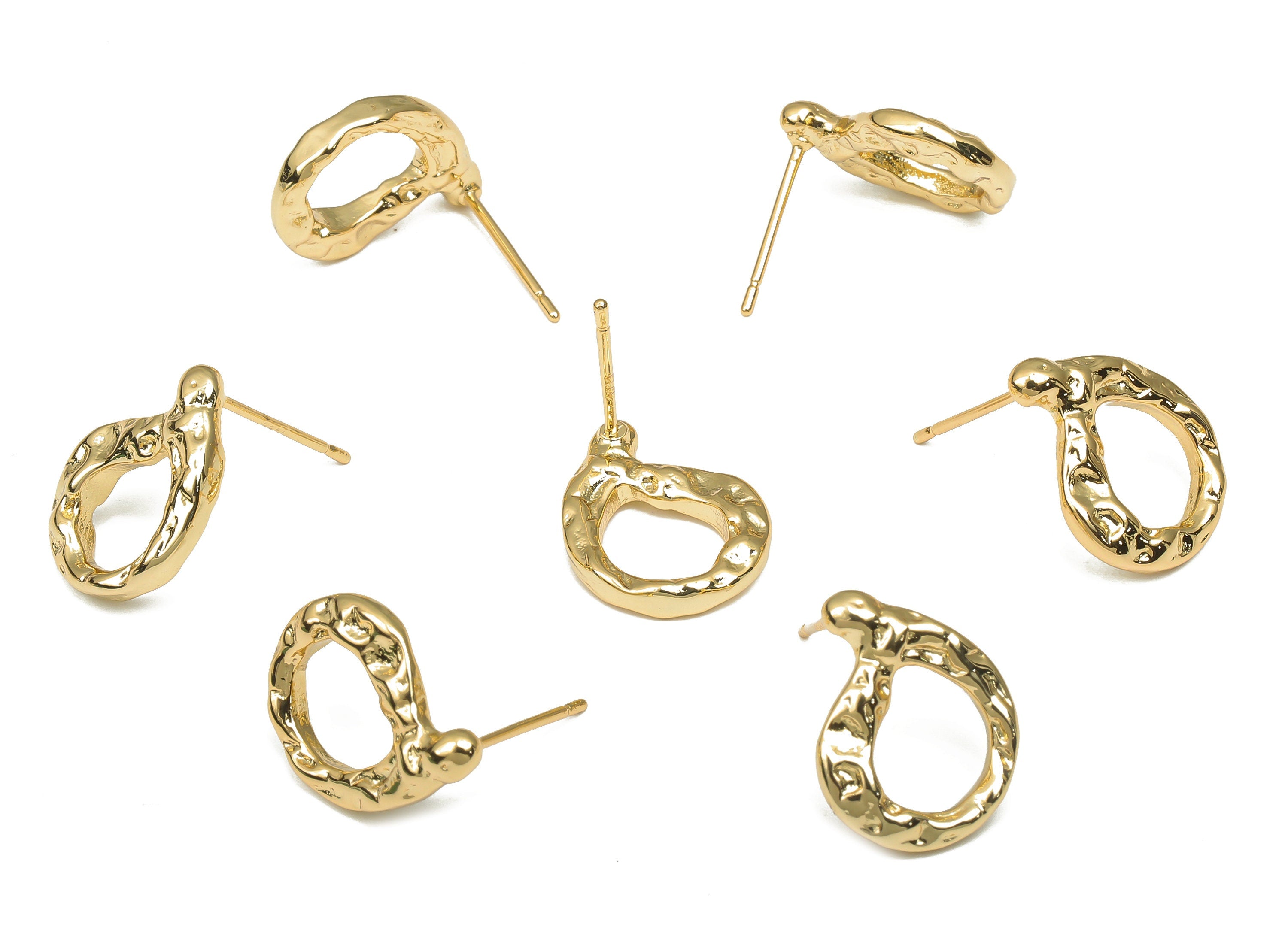 Brass Textured Earring Studs - 18K Real Gold Plated Brass Posts - Imitation Silver Stud - Geometric Stud Earring - 15.7x12.2x2.3mm - RGP4543 - DOMEDBAZAAR